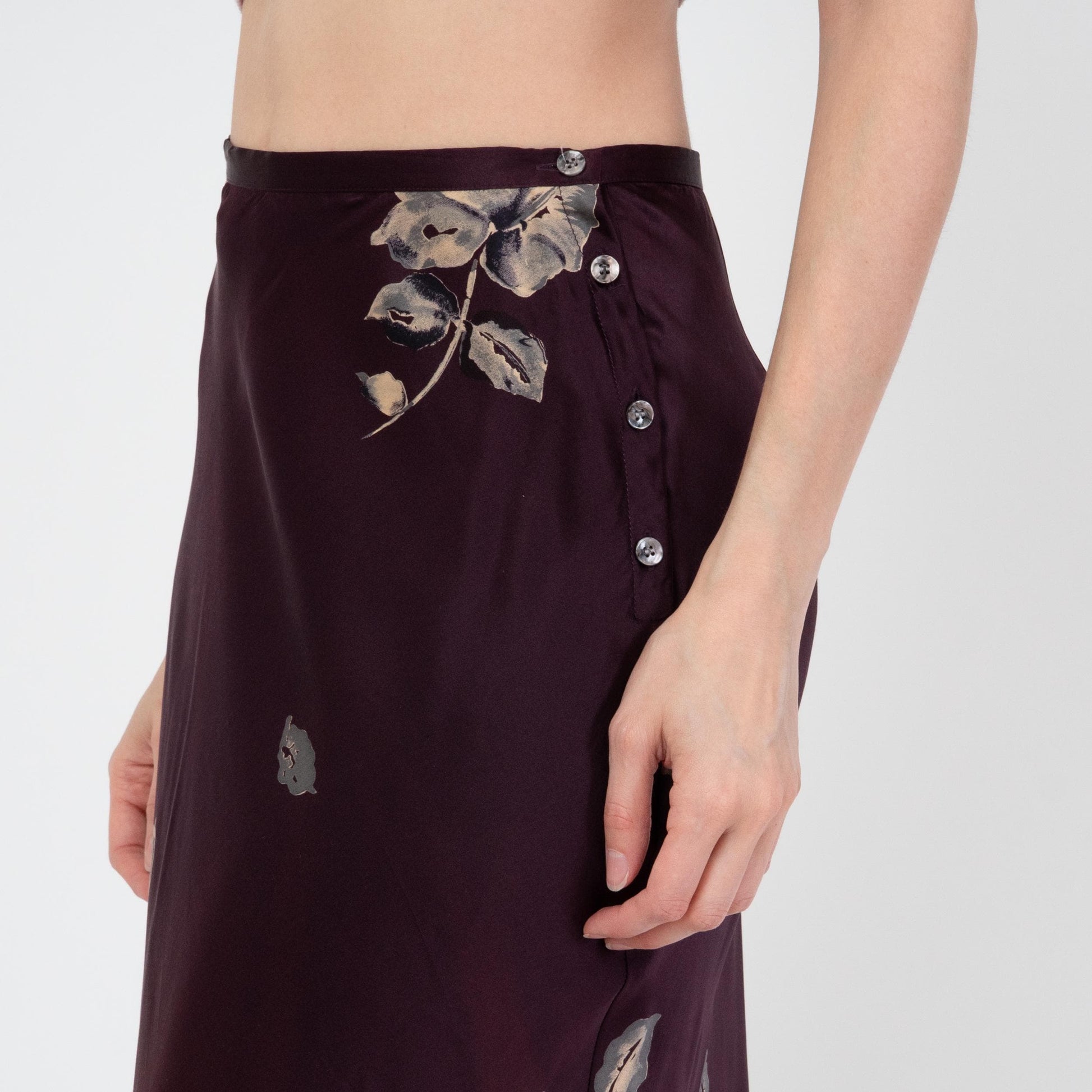Vintage 90s Plum Floral Silk Satin Maxi Skirt - Small | Bias Cut High Waisted Boho Slip Skirt