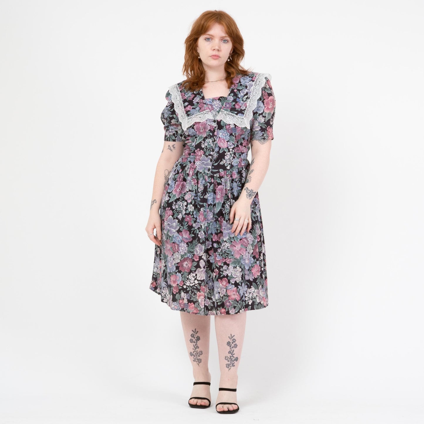 Vintage 80s Floral Sailor Collar Fit & Flare Dress - Large | Puff Sleeve Lace Trim Basque Waist Midi Dress