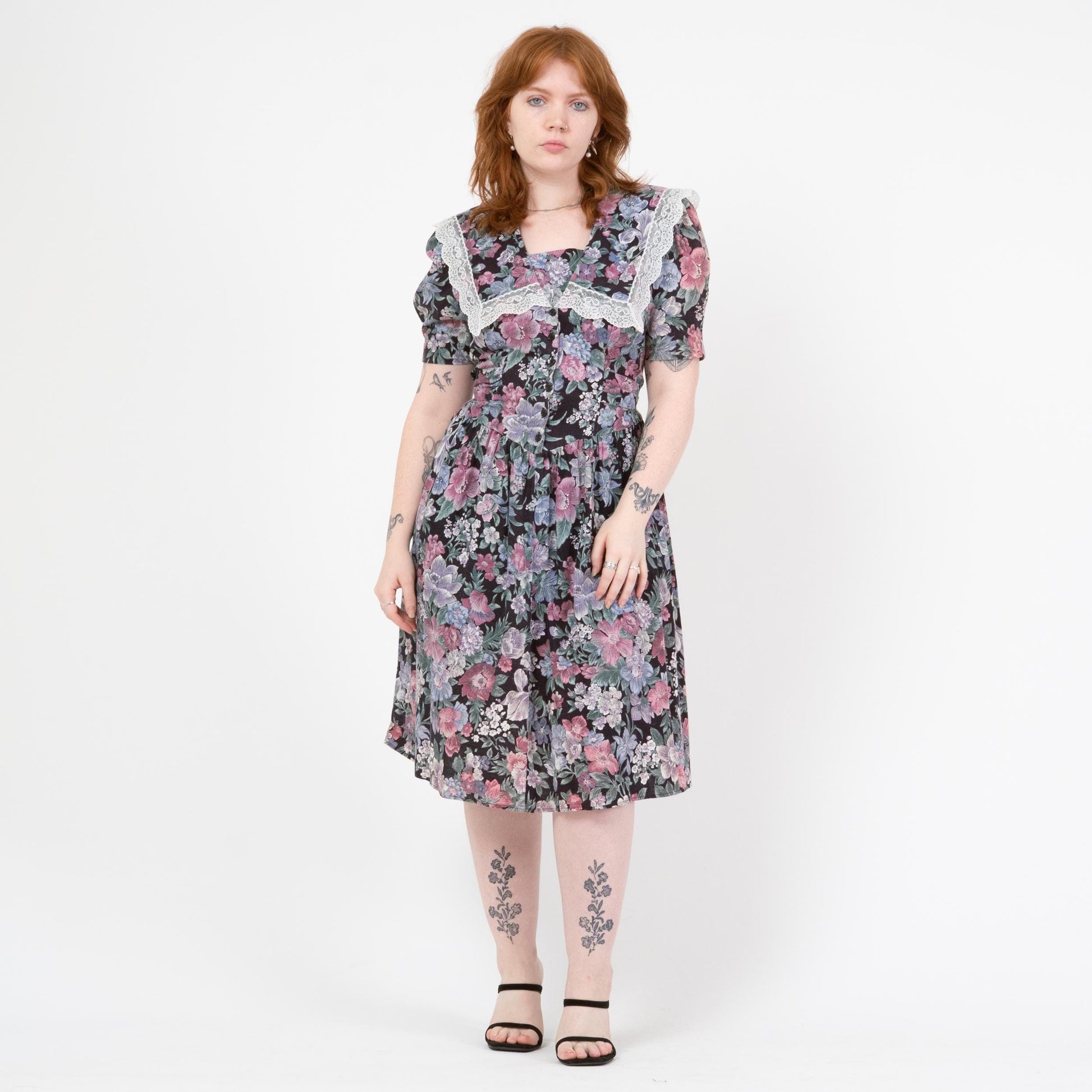Vintage 80s Floral Sailor Collar Fit & Flare Dress - Large | Puff Sleeve Lace Trim Basque Waist Midi Dress