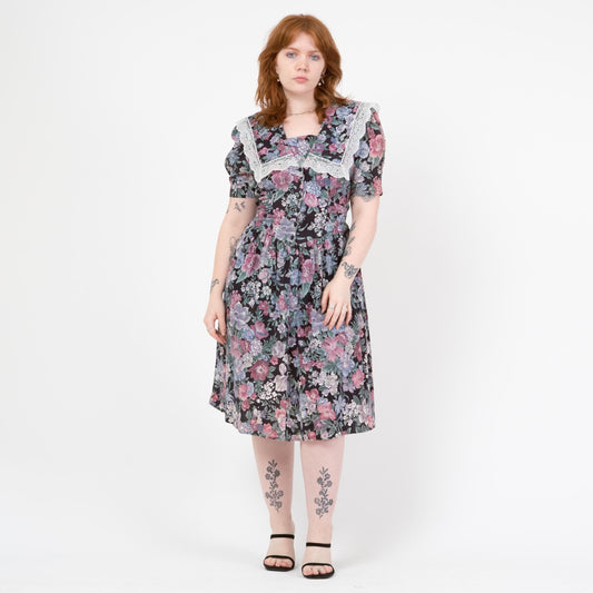 Vintage 80s Floral Sailor Collar Fit & Flare Dress - Large | Puff Sleeve Lace Trim Basque Waist Midi Dress