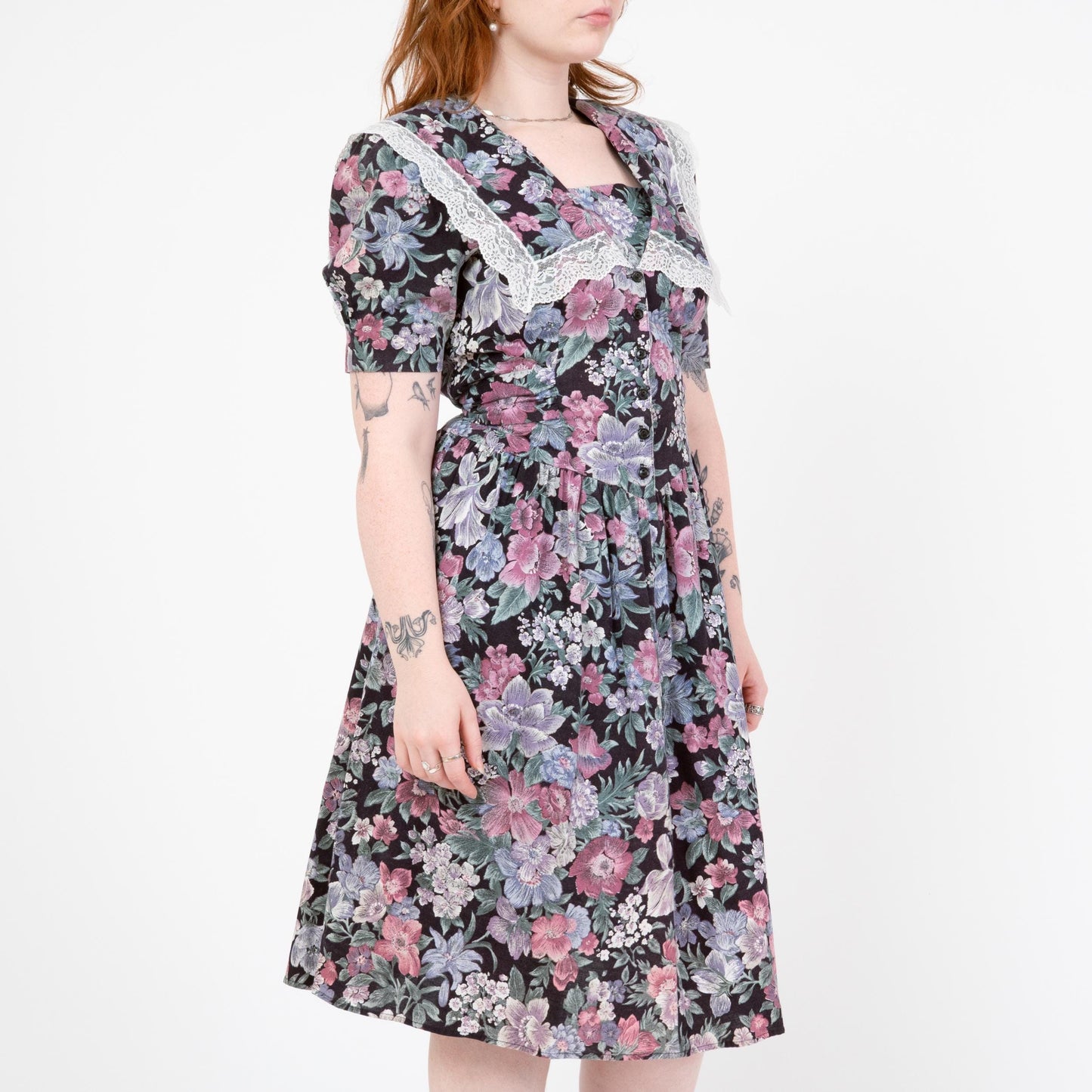 Vintage 80s Floral Sailor Collar Fit & Flare Dress - Large | Puff Sleeve Lace Trim Basque Waist Midi Dress