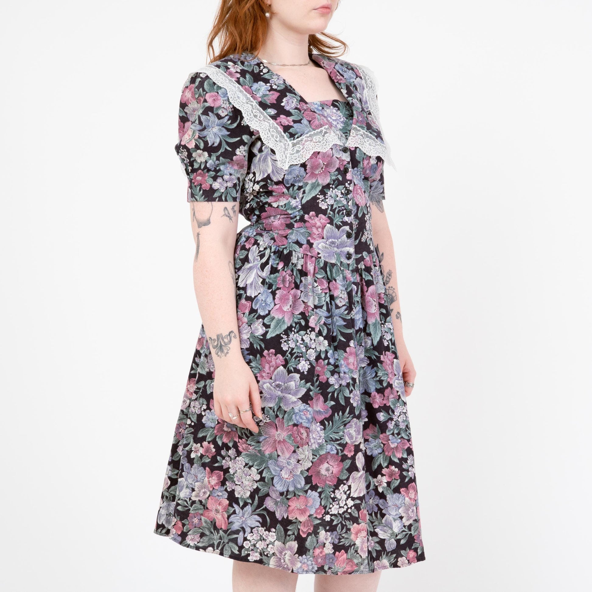 Vintage 80s Floral Sailor Collar Fit & Flare Dress - Large | Puff Sleeve Lace Trim Basque Waist Midi Dress