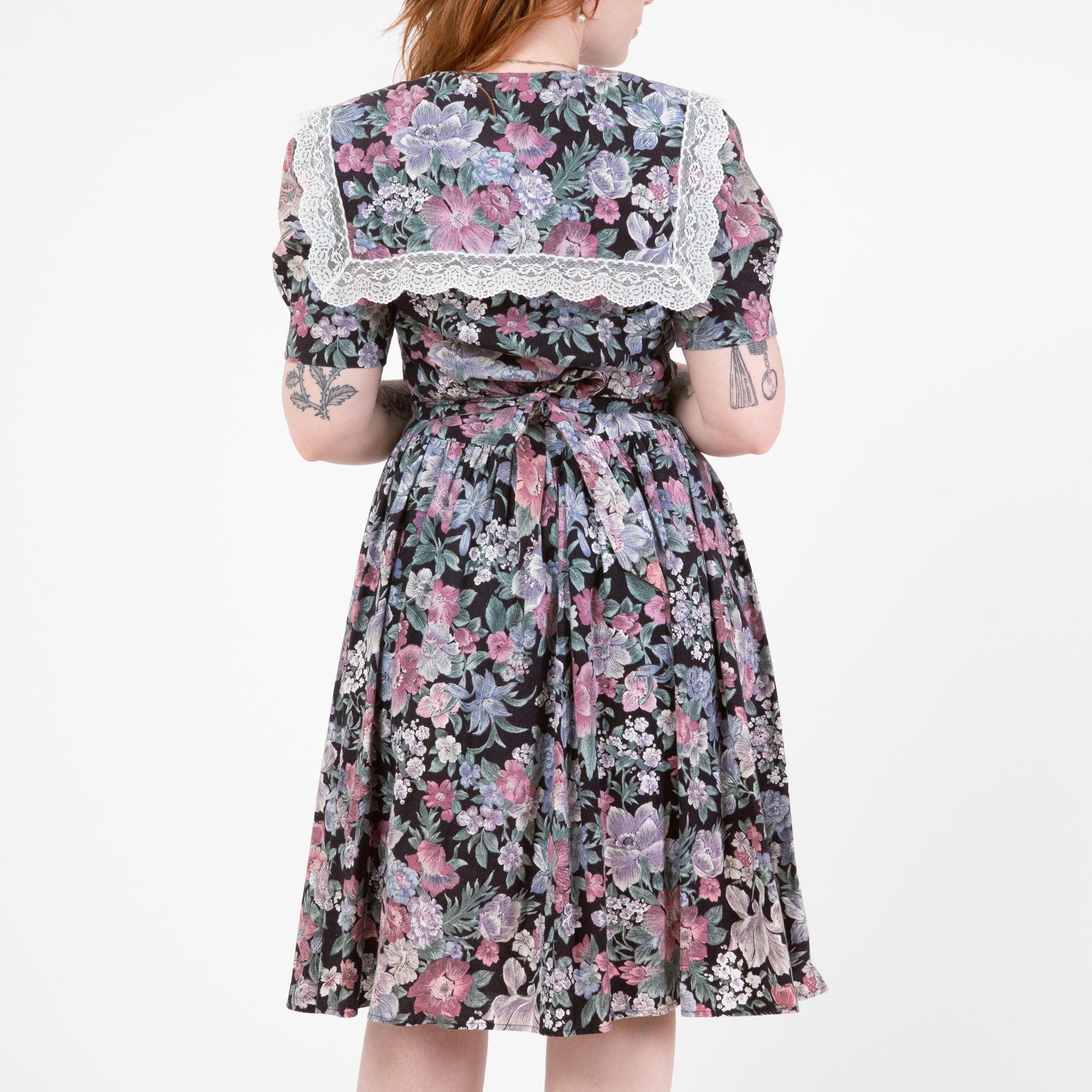 Vintage 80s Floral Sailor Collar Fit & Flare Dress - Large | Puff Sleeve Lace Trim Basque Waist Midi Dress