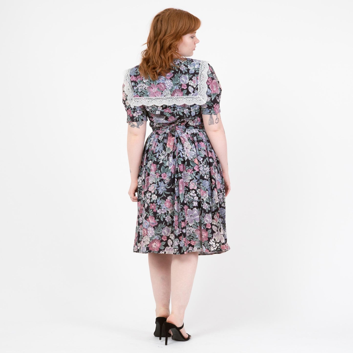 Vintage 80s Floral Sailor Collar Fit & Flare Dress - Large | Puff Sleeve Lace Trim Basque Waist Midi Dress