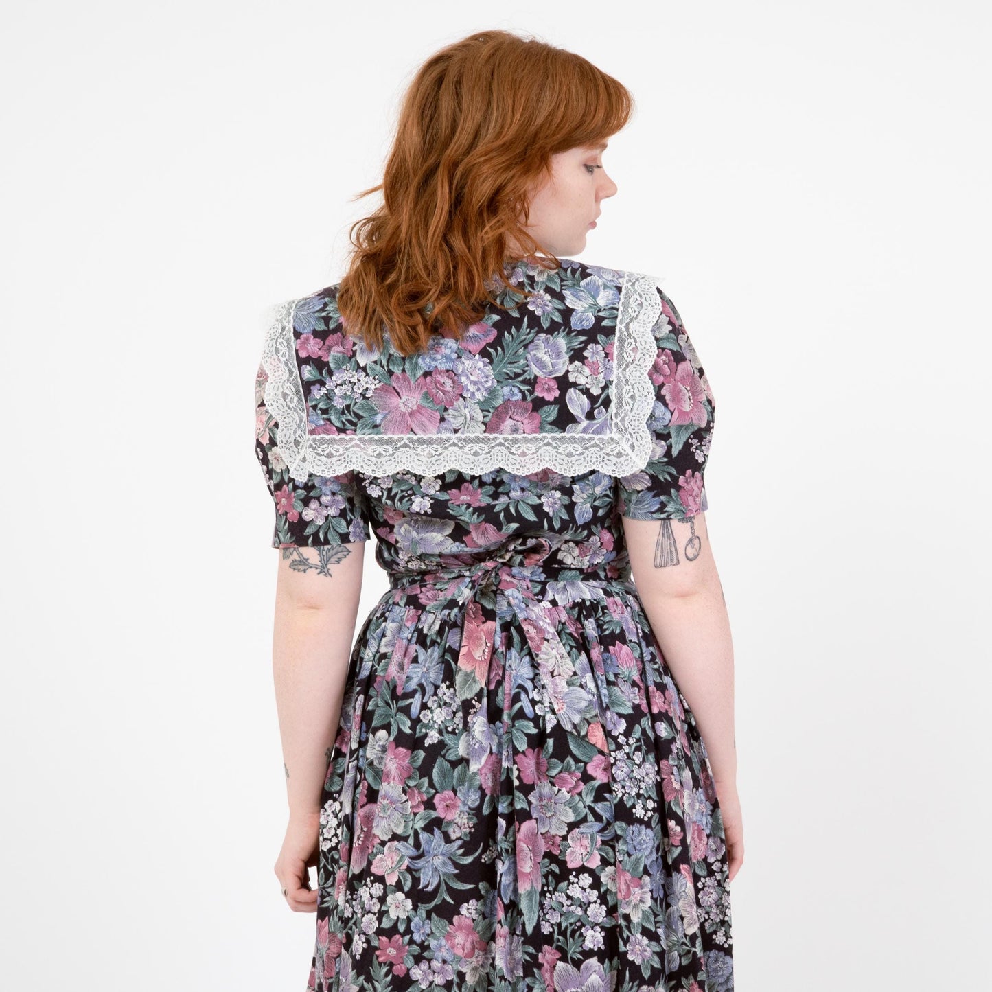 Vintage 80s Floral Sailor Collar Fit & Flare Dress - Large | Puff Sleeve Lace Trim Basque Waist Midi Dress