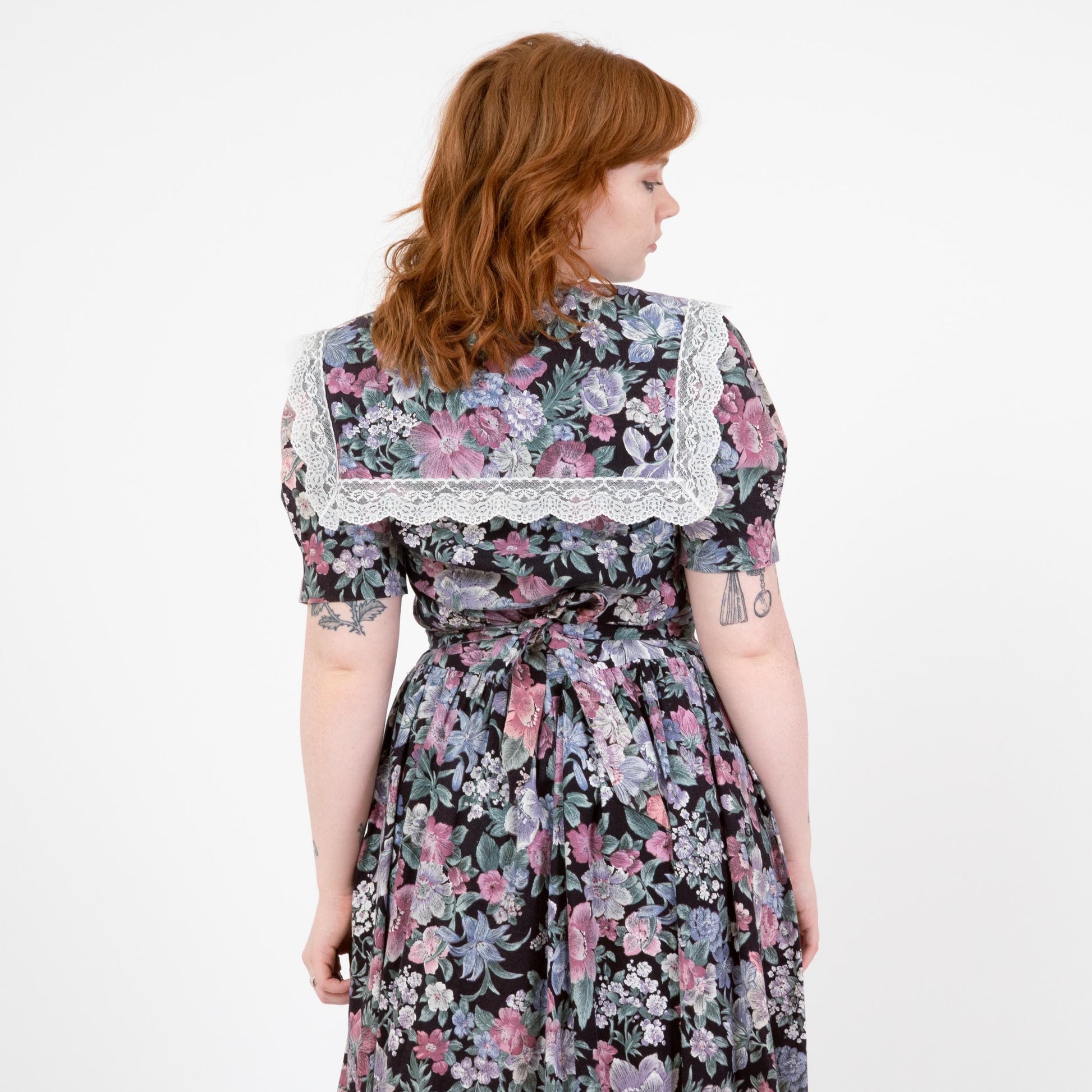 Vintage 80s Floral Sailor Collar Fit & Flare Dress - Large | Puff Sleeve Lace Trim Basque Waist Midi Dress