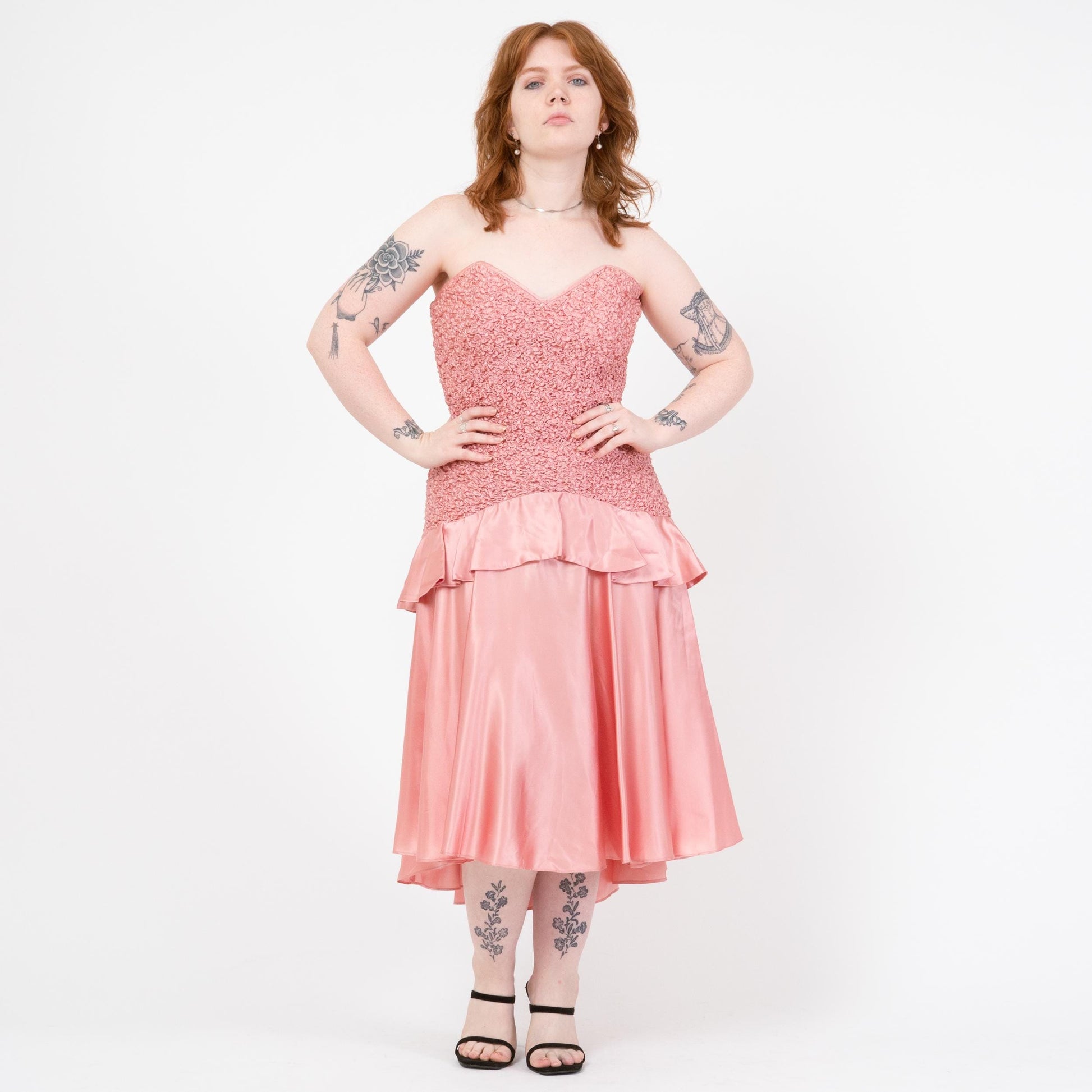 Vintage 80s Bubblegum Pink Strapless Popcorn Party Dress - Large | Smocked Bodice High-Low Midi Prom Dress