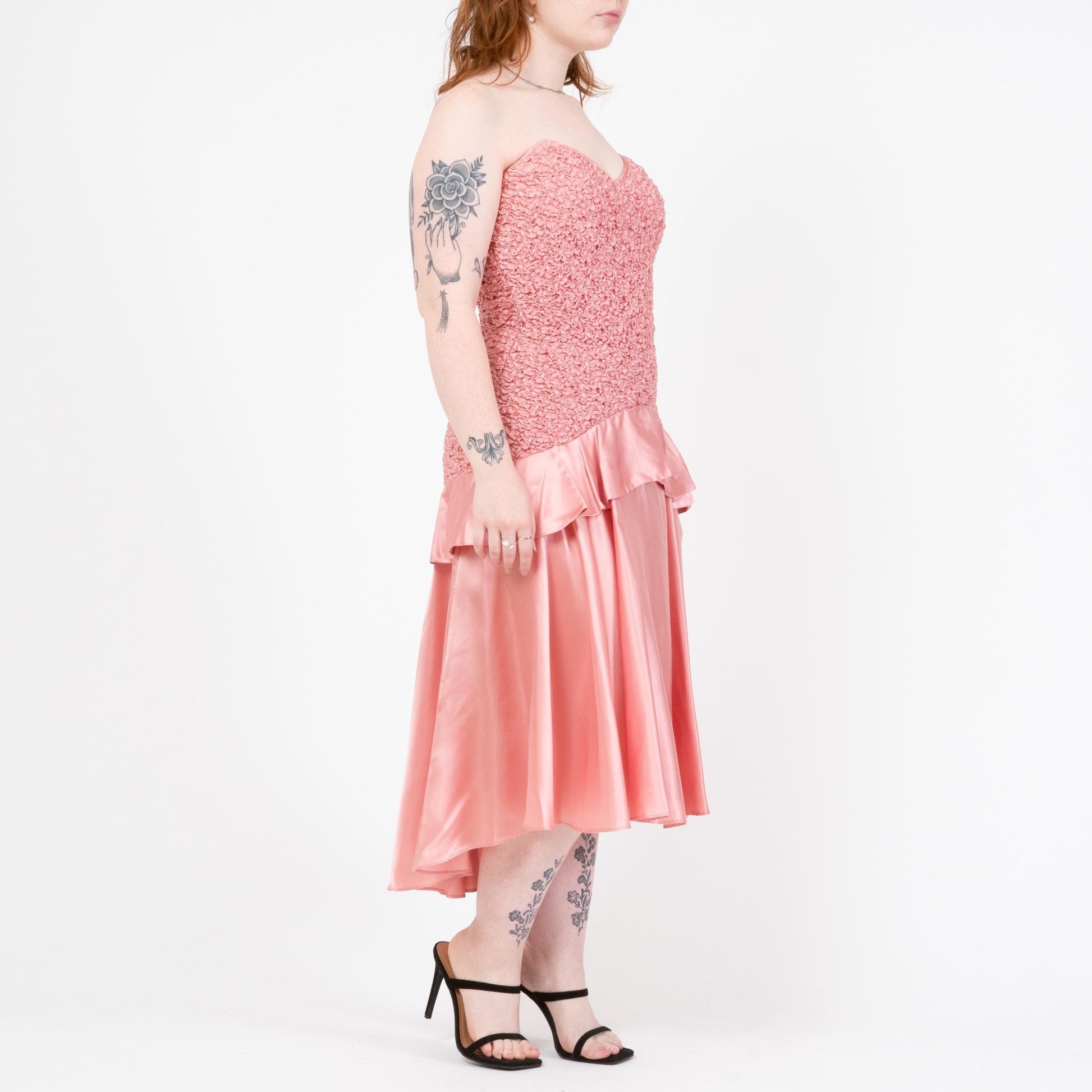 Vintage 80s Bubblegum Pink Strapless Popcorn Party Dress - Large | Smocked Bodice High-Low Midi Prom Dress