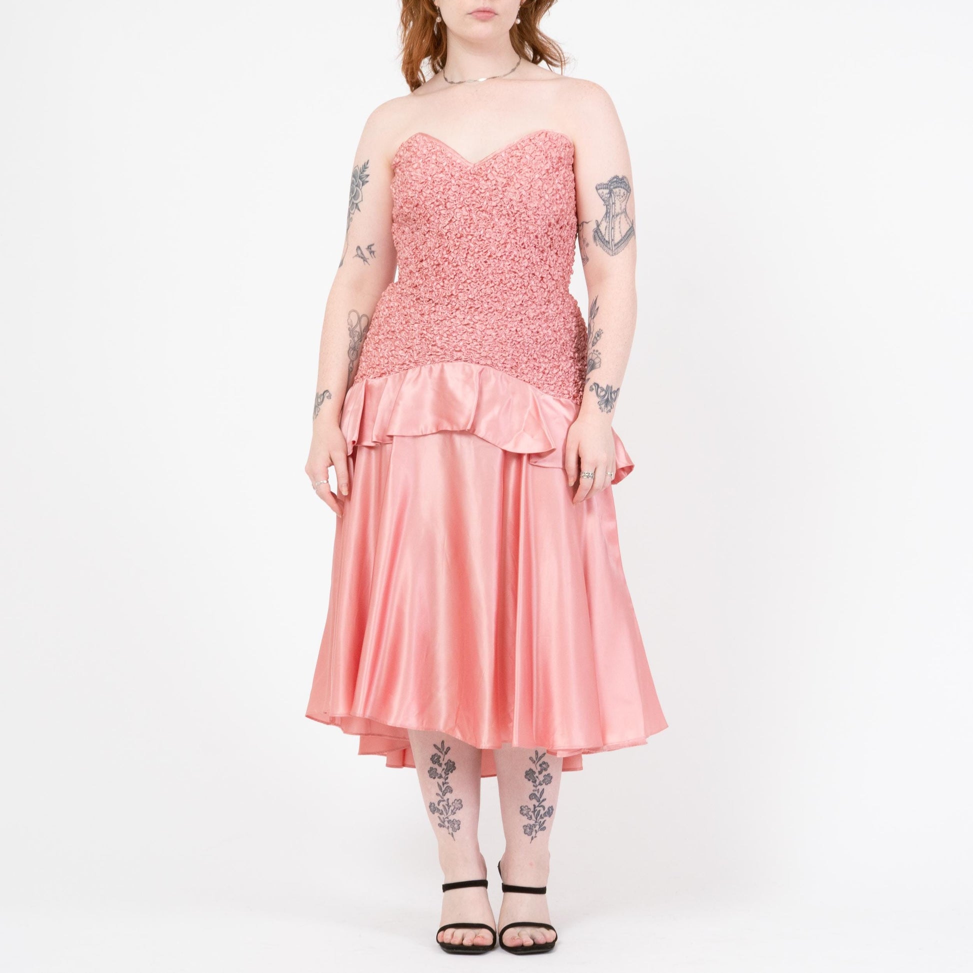 Vintage 80s Bubblegum Pink Strapless Popcorn Party Dress - Large | Smocked Bodice High-Low Midi Prom Dress