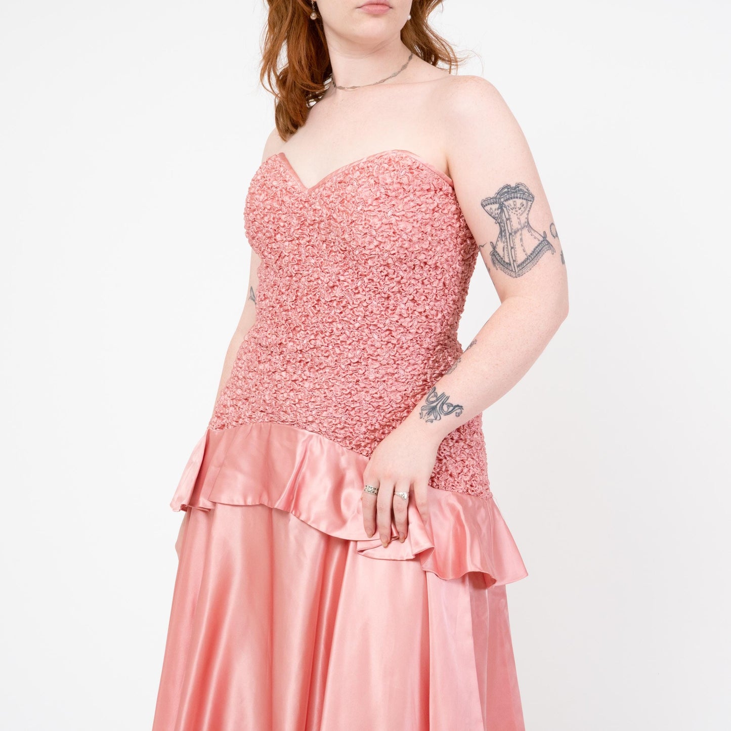 Vintage 80s Bubblegum Pink Strapless Popcorn Party Dress - Large | Smocked Bodice High-Low Midi Prom Dress
