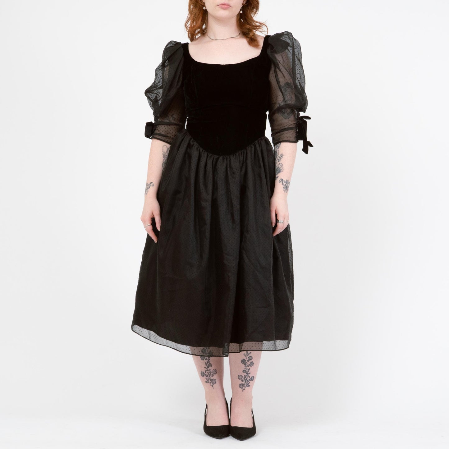 Vintage 80s Black Velvet & Swiss Dot Party Dress - Medium | Puff Sleeve Gothic Midi Prom Dress