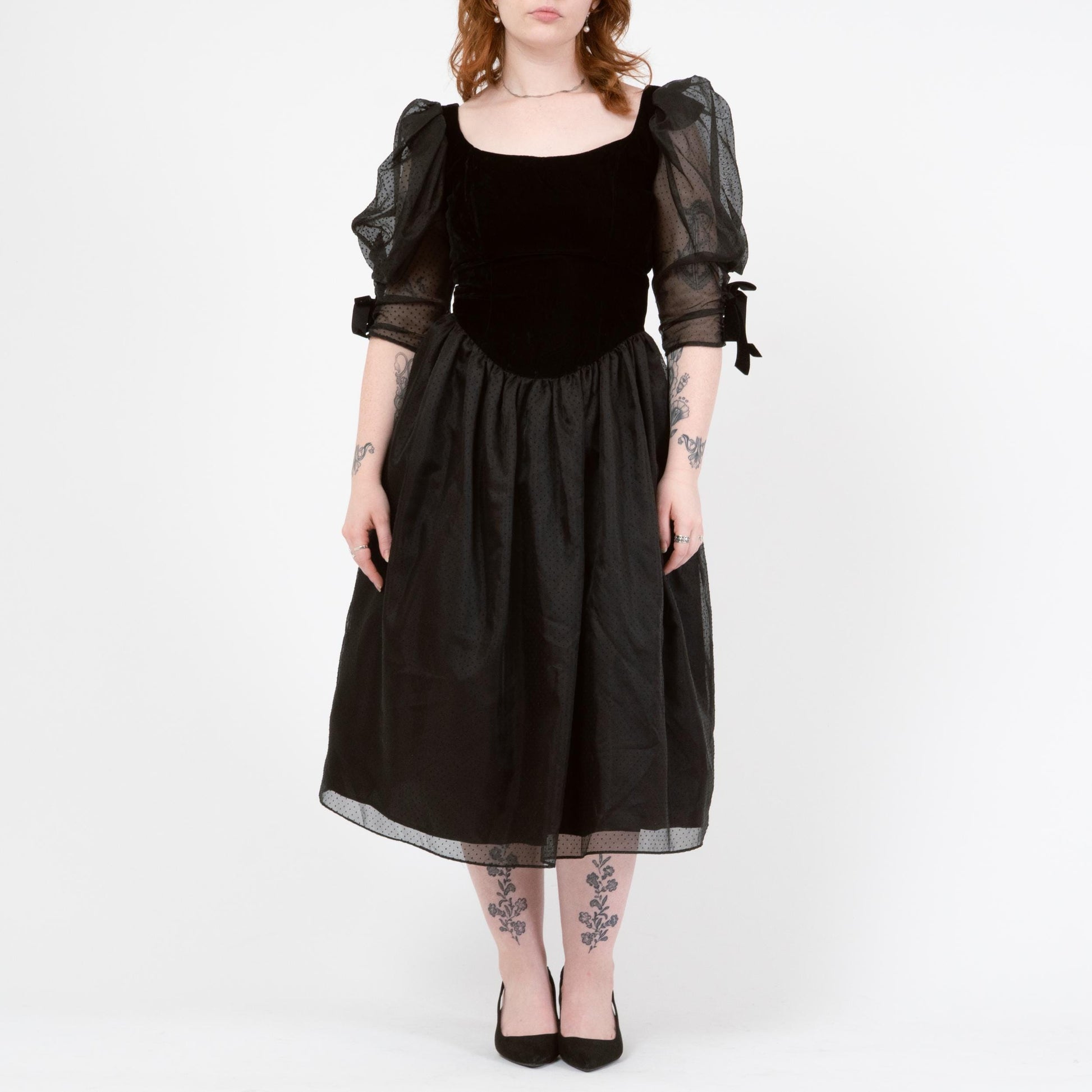 Vintage 80s Black Velvet & Swiss Dot Party Dress - Medium | Puff Sleeve Gothic Midi Prom Dress