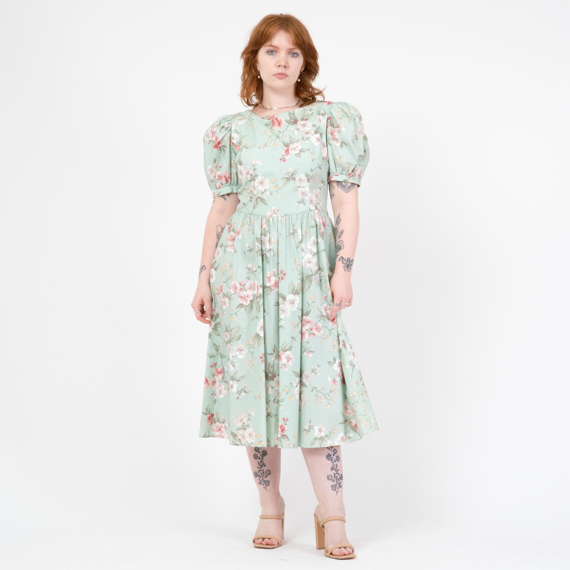 Vintage 80s Lanz Mint Green Floral Low Back Dress - Large | Fit & Flare Puff Sleeve Party Dress