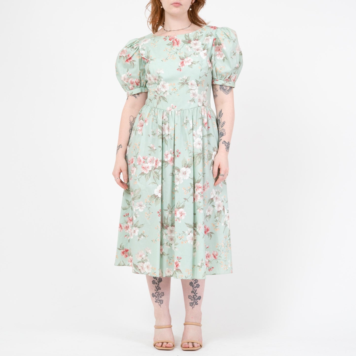 Vintage 80s Lanz Mint Green Floral Low Back Dress - Large | Fit & Flare Puff Sleeve Party Dress