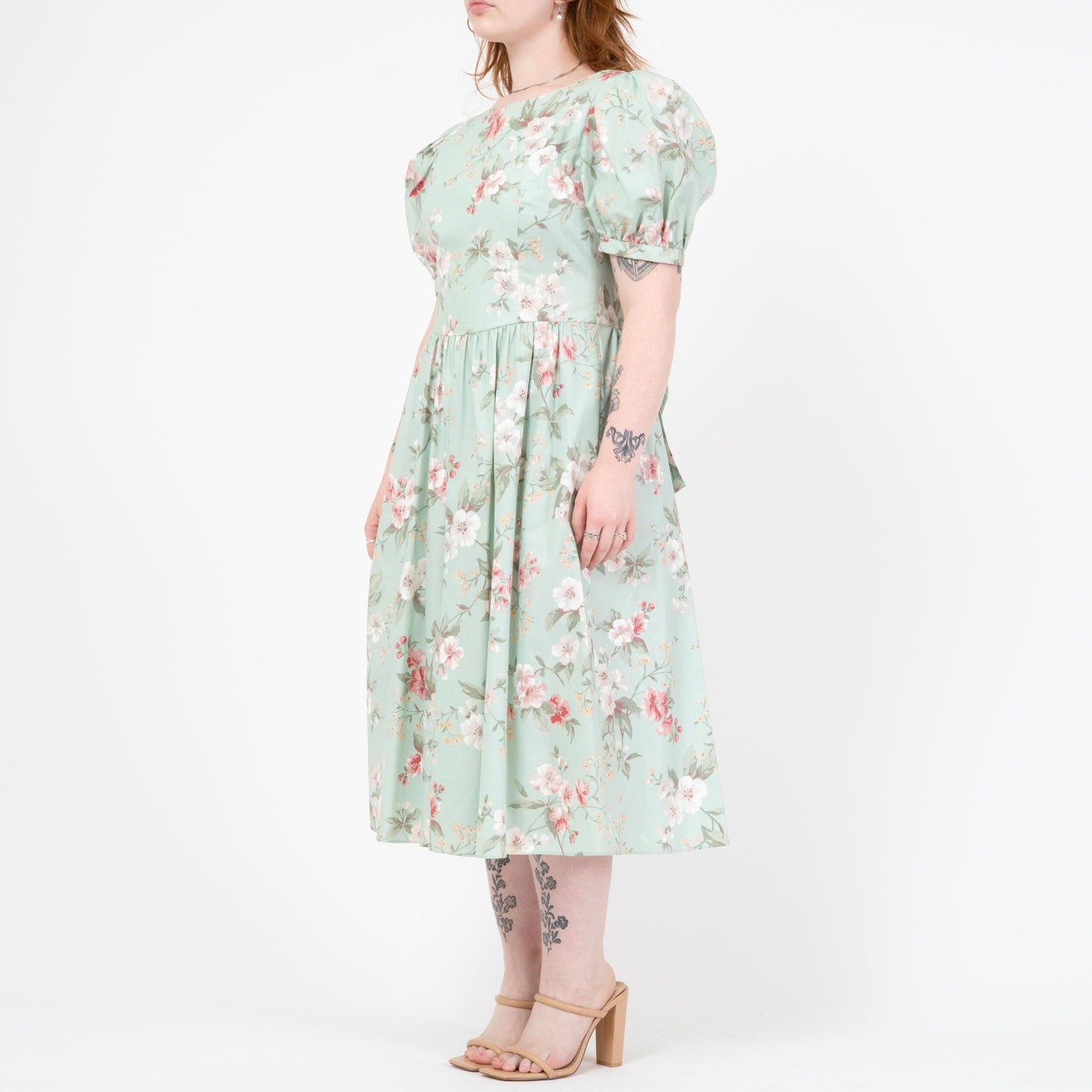 Vintage 80s Lanz Mint Green Floral Low Back Dress - Large | Fit & Flare Puff Sleeve Party Dress