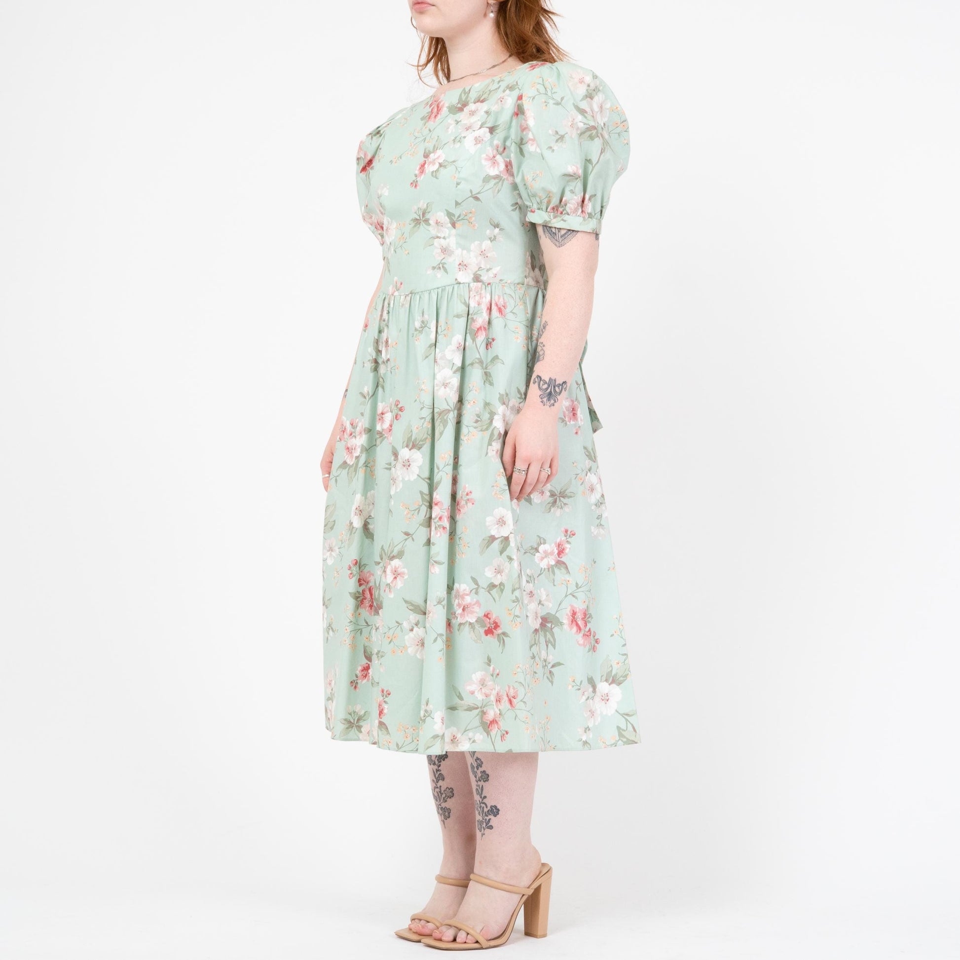 Vintage 80s Lanz Mint Green Floral Low Back Dress - Large | Fit & Flare Puff Sleeve Party Dress
