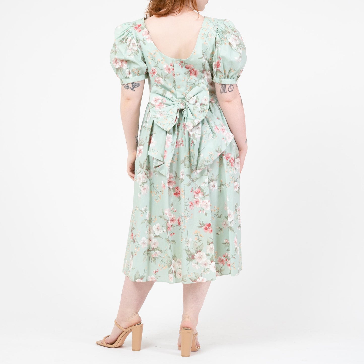 Vintage 80s Lanz Mint Green Floral Low Back Dress - Large | Fit & Flare Puff Sleeve Party Dress