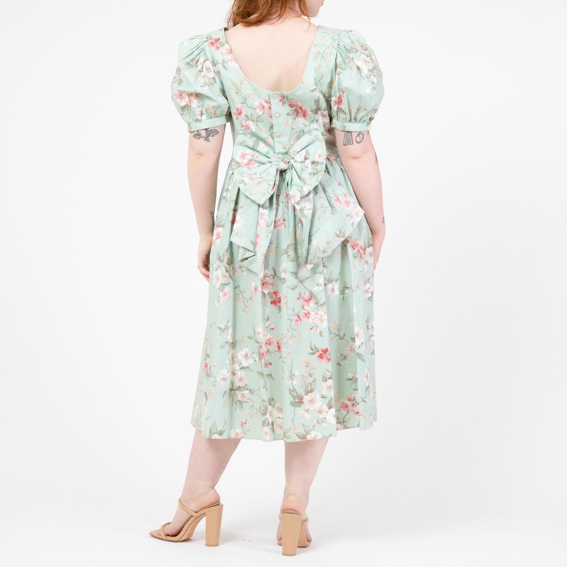 Vintage 80s Lanz Mint Green Floral Low Back Dress - Large | Fit & Flare Puff Sleeve Party Dress