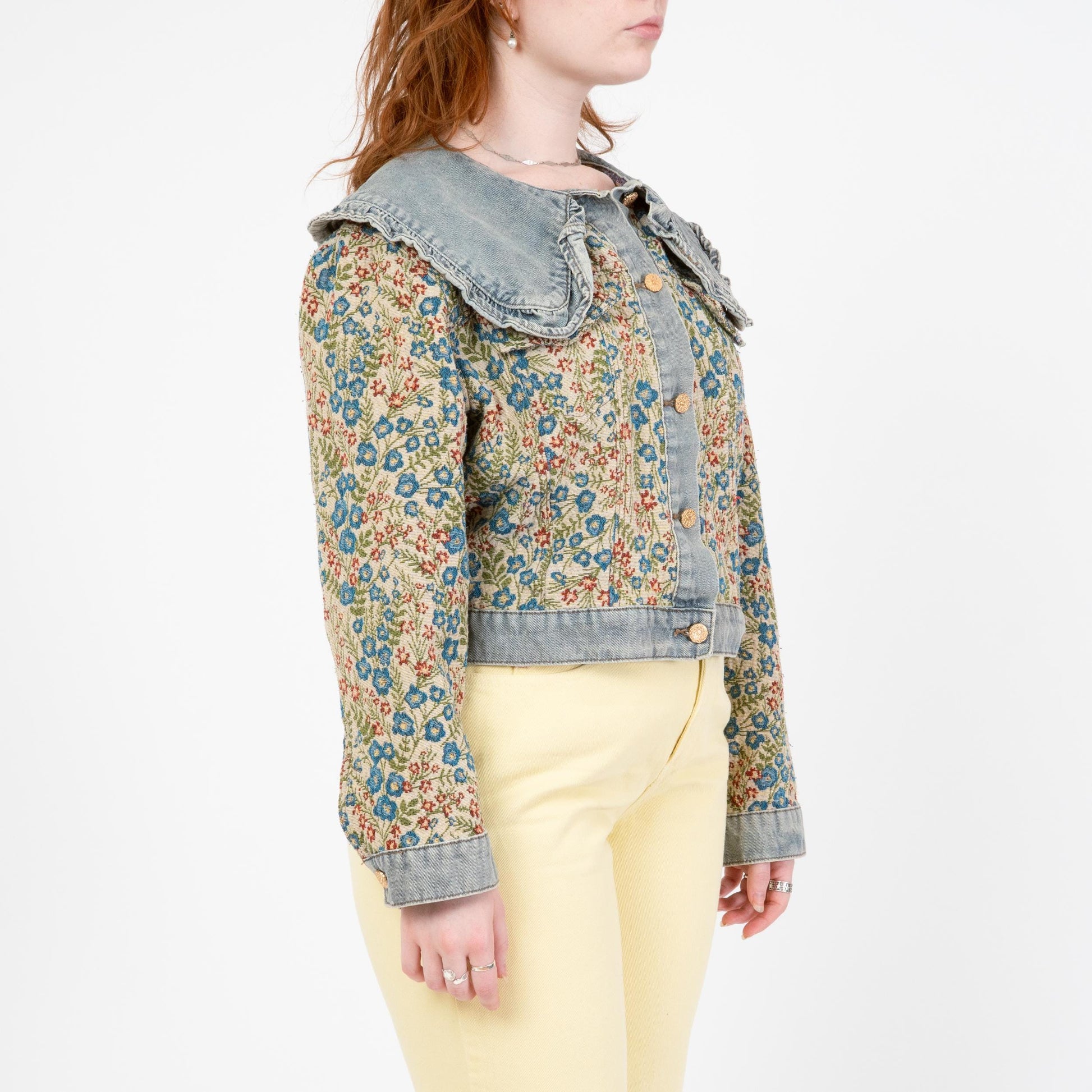 Vintage 80s Denim & Floral Tapestry Jacket - Large to XL Tall | Bib Collar Cropped Jean Jacket