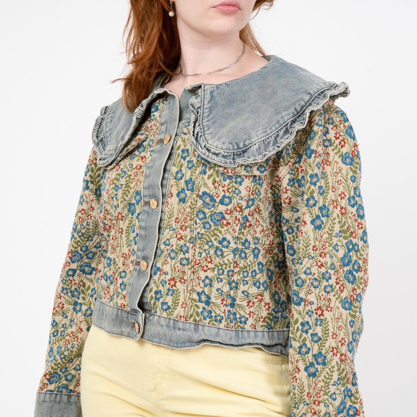 Vintage 80s Denim & Floral Tapestry Jacket - Large to XL Tall | Bib Collar Cropped Jean Jacket