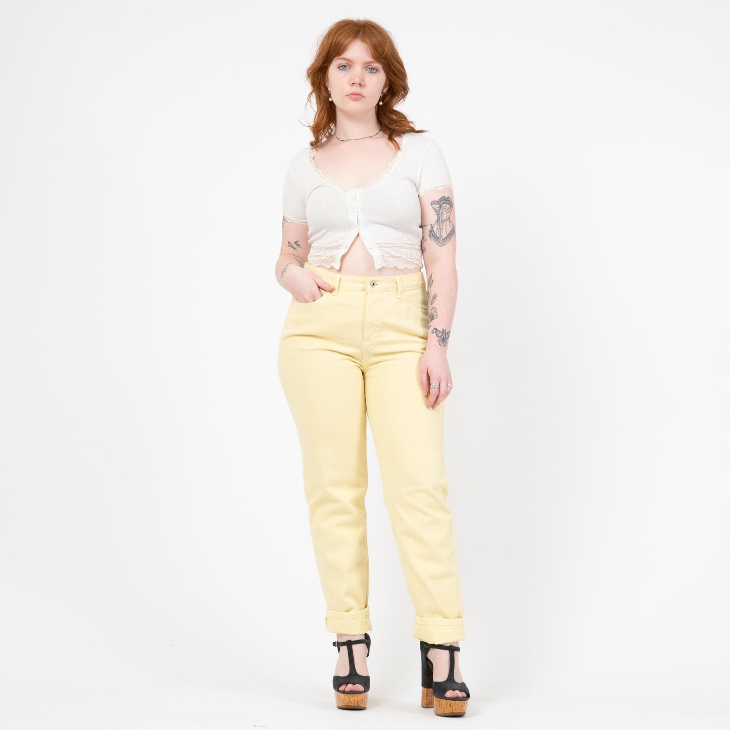 Vintage 90s Guess Pastel Yellow High Waisted Jeans - Large, 32" Waist | Slim Leg Denim Mom Jeans