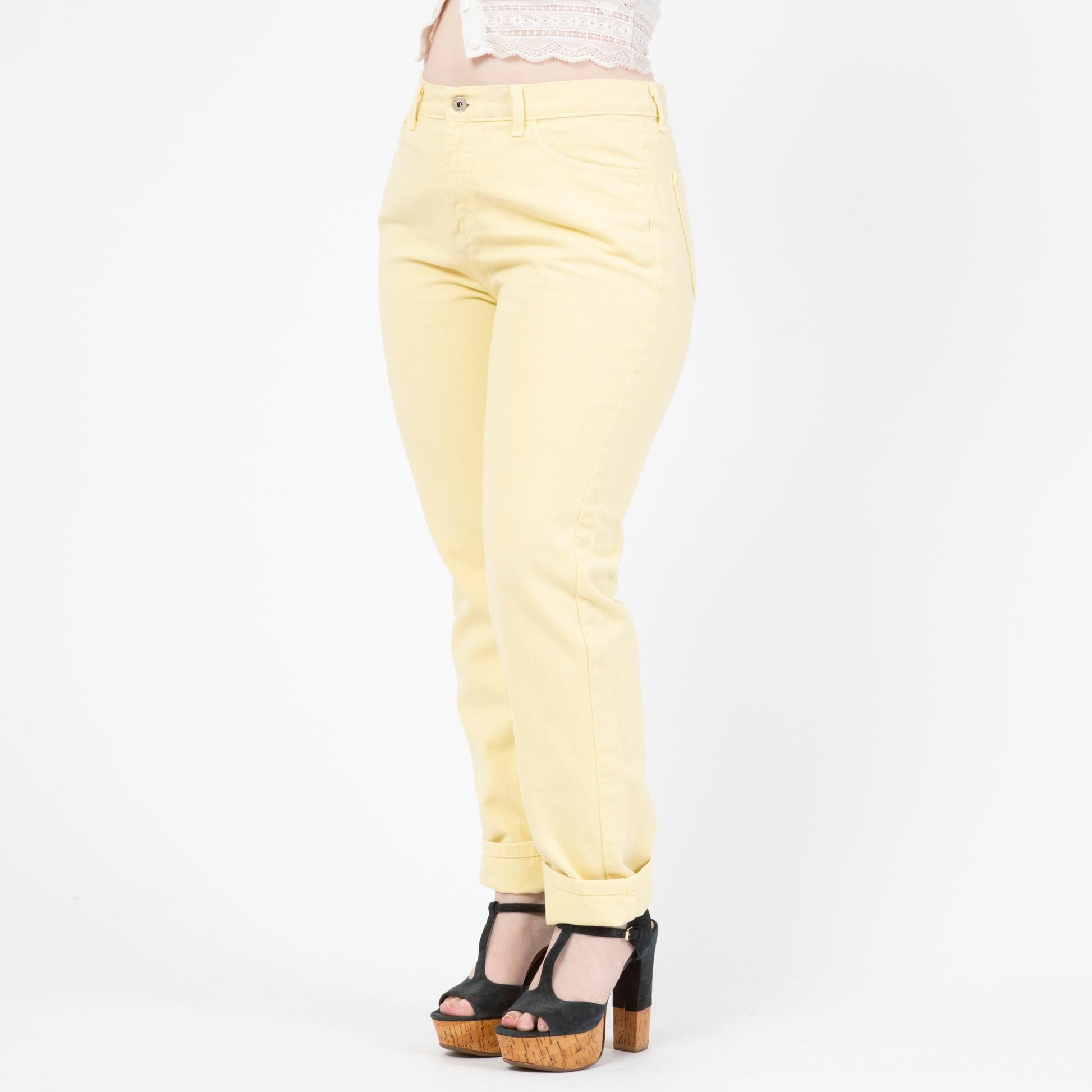 Vintage 90s Guess Pastel Yellow High Waisted Jeans - Large, 32" Waist | Slim Leg Denim Mom Jeans