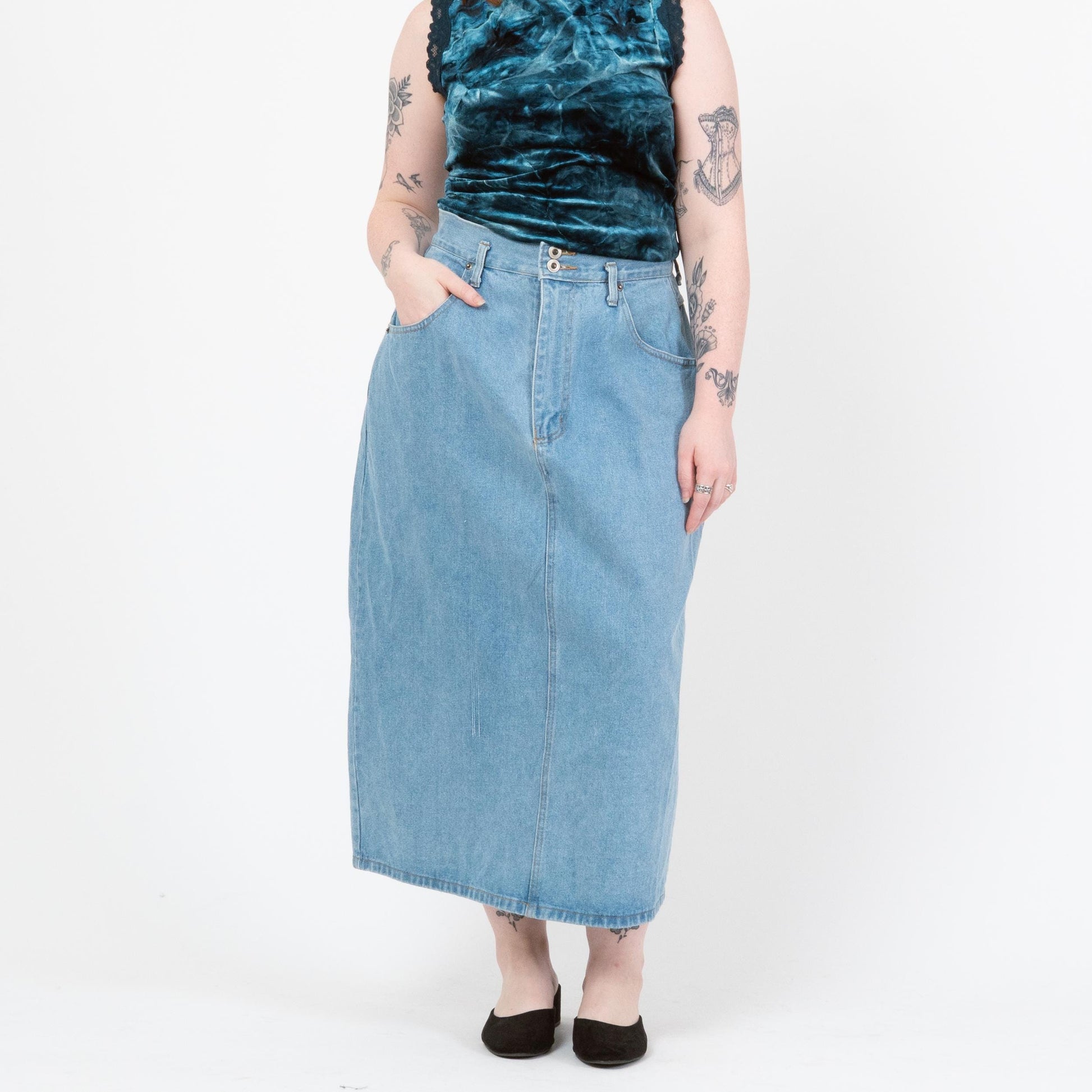 Vintage 90s Light Wash Denim Maxi Skirt - Large, 32" Waist | High Rise Long Straight Jean Skirt