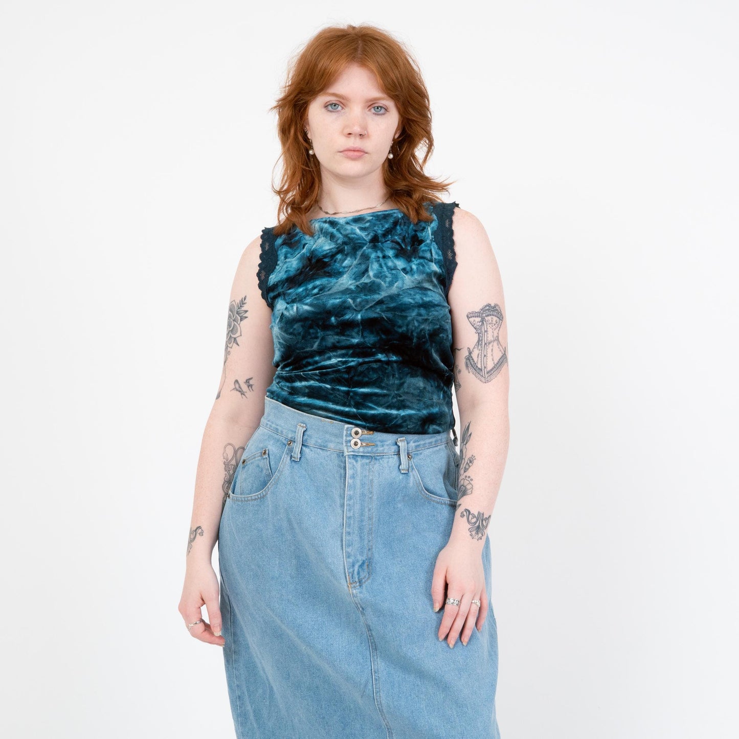 Vintage 90s Dark Teal Crushed Velvet Tank - Medium to Large | Lace Trim Boatneck Top