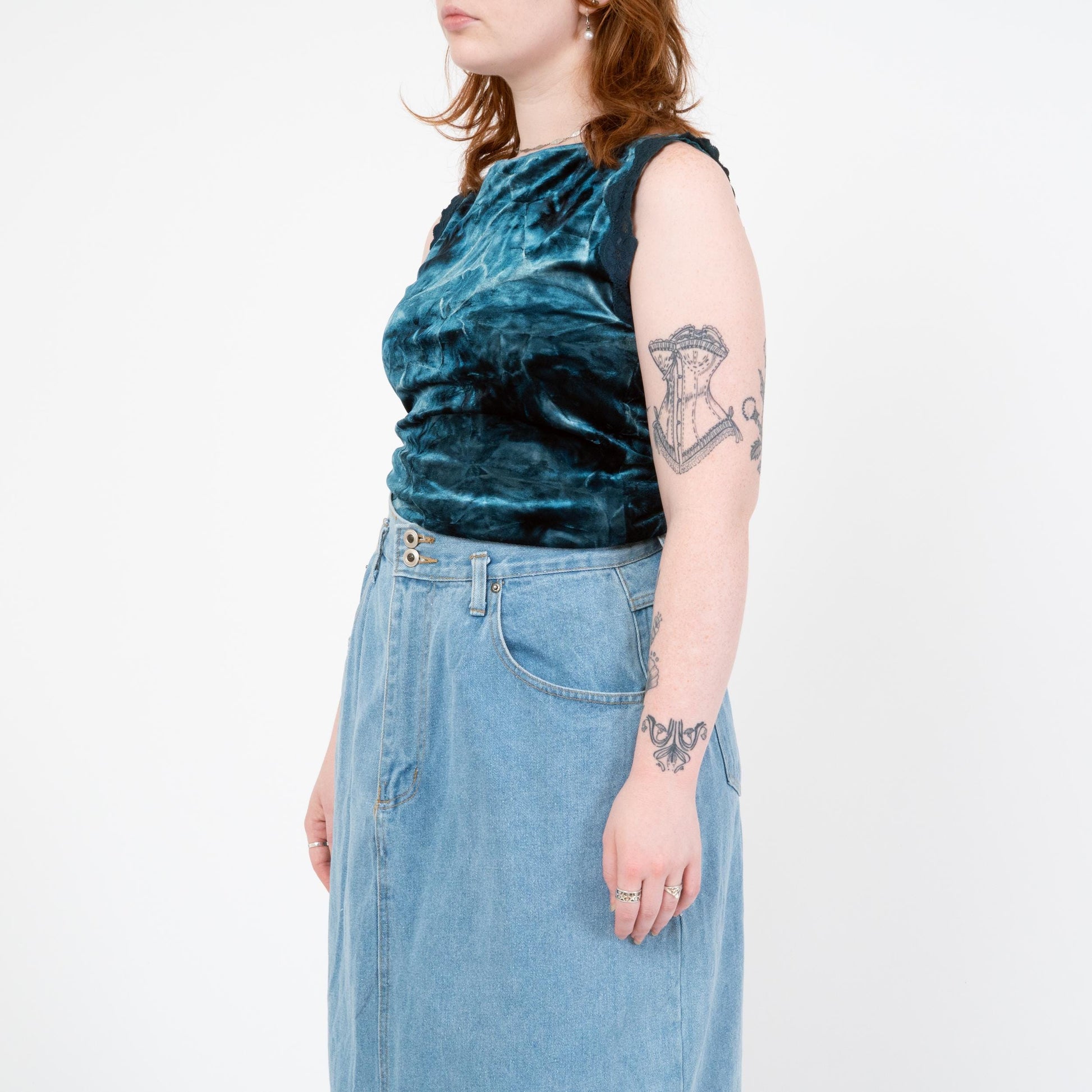 Vintage 90s Dark Teal Crushed Velvet Tank - Medium to Large | Lace Trim Boatneck Top