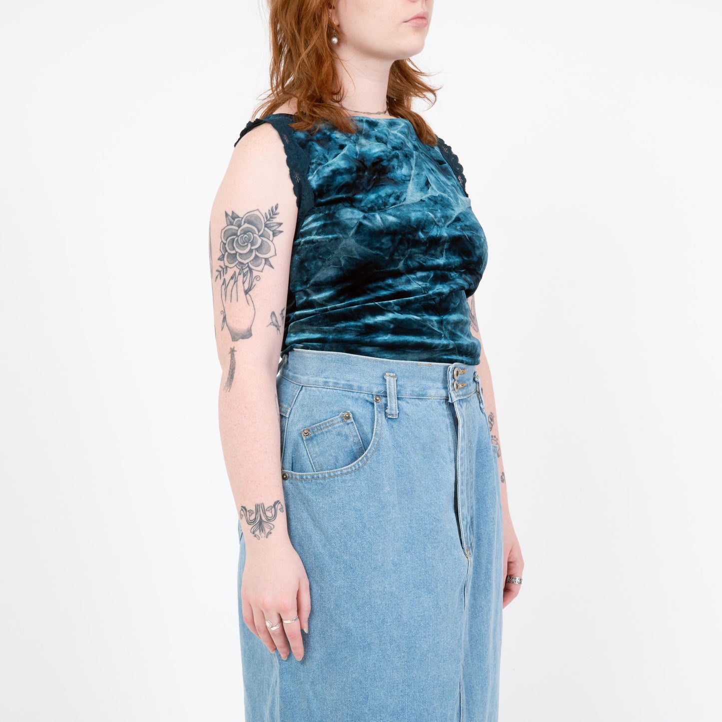 Vintage 90s Dark Teal Crushed Velvet Tank - Medium to Large | Lace Trim Boatneck Top