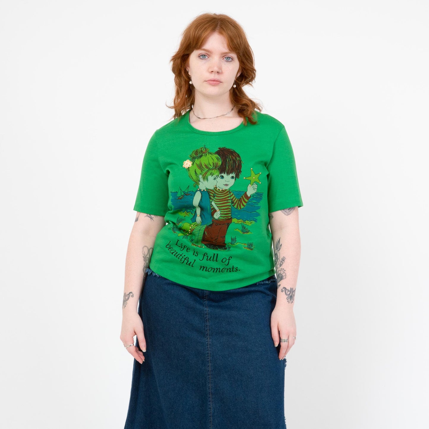 Vintage 70s Big Eye Kids Novelty Graphic Tee - Large | "Life Is Full Of Beautiful Moments" Studded Green T Shirt