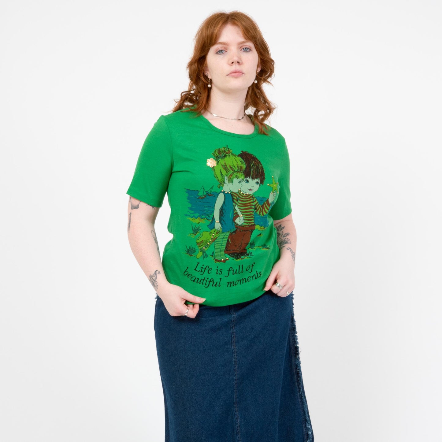 Vintage 70s Big Eye Kids Novelty Graphic Tee - Large | "Life Is Full Of Beautiful Moments" Studded Green T Shirt