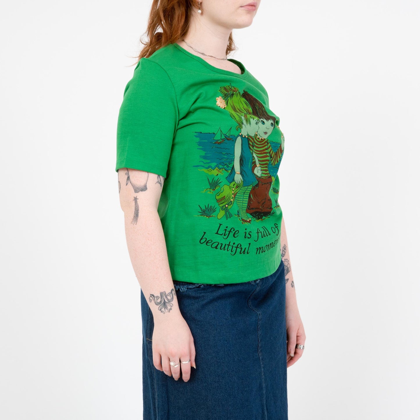 Vintage 70s Big Eye Kids Novelty Graphic Tee - Large | "Life Is Full Of Beautiful Moments" Studded Green T Shirt