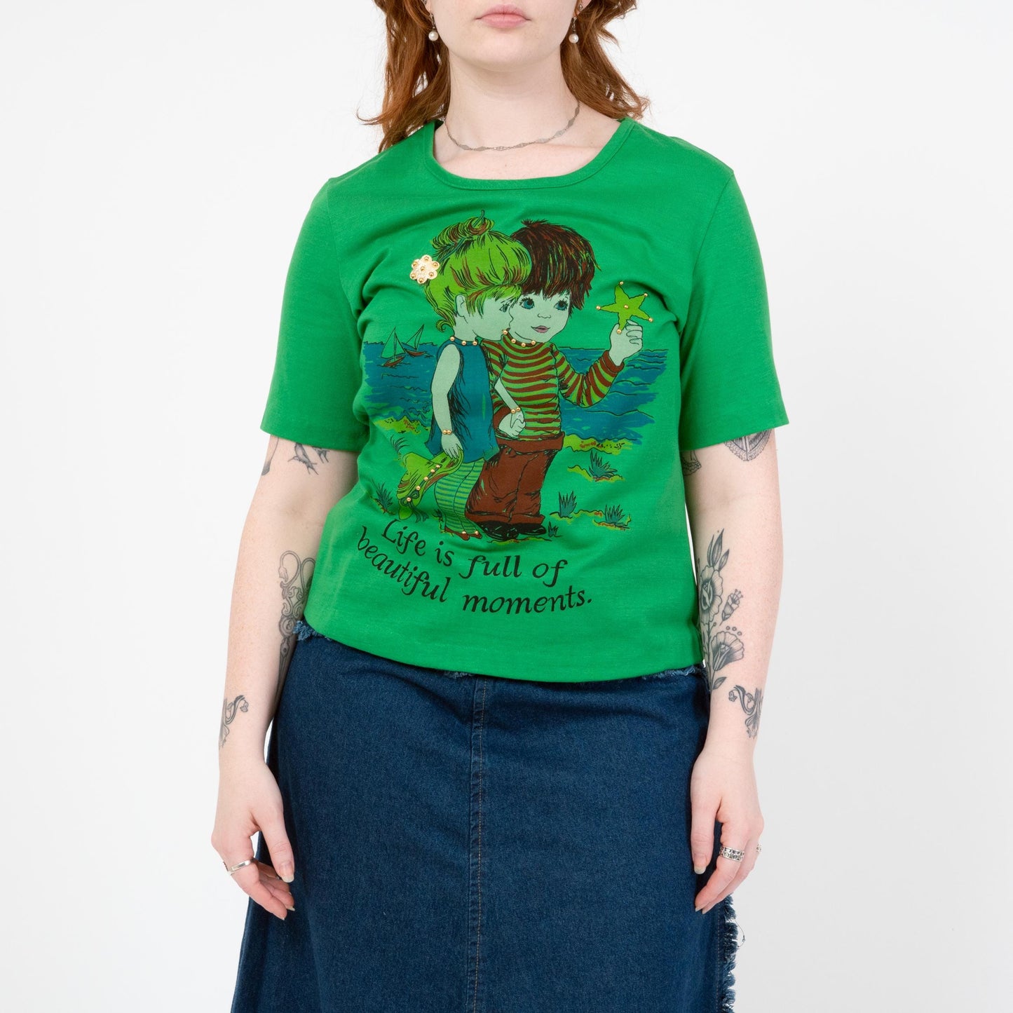 Vintage 70s Big Eye Kids Novelty Graphic Tee - Large | "Life Is Full Of Beautiful Moments" Studded Green T Shirt