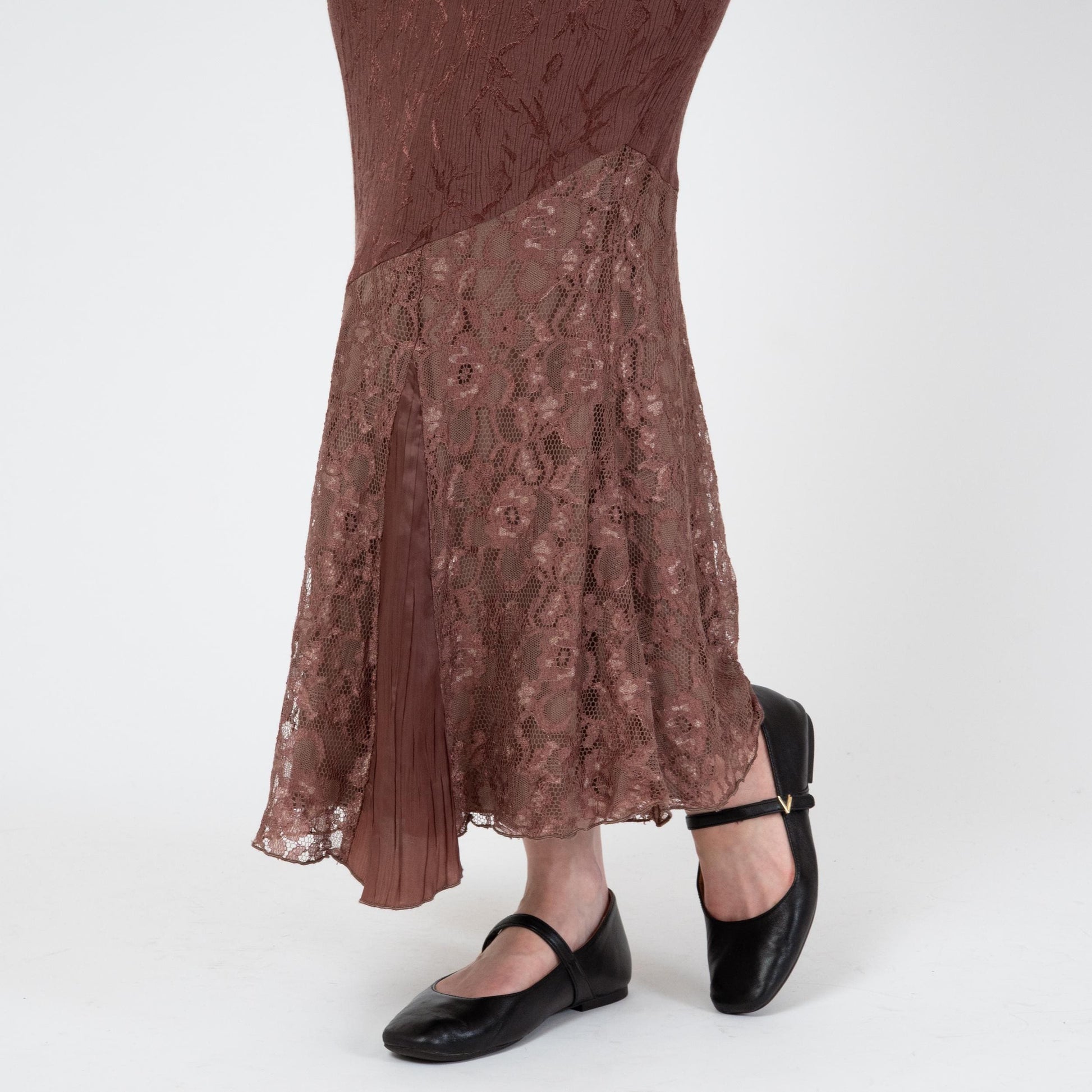 Vintage 90s Mocha Brown Jacquard & Lace Maxi Skirt - Small | Boho Asymmetrical Mermaid Hem Fairy Skirt
