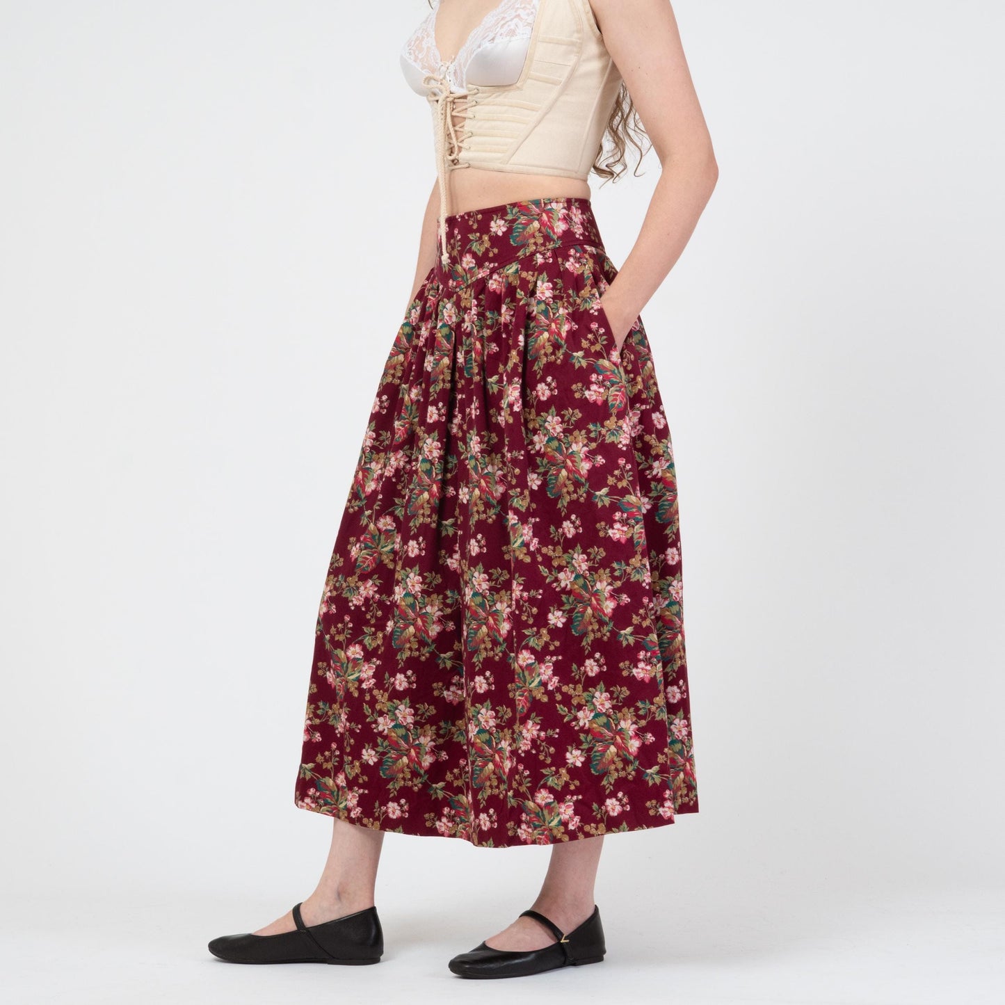 Vintage 80s Wine Red Floral Ribbed Cotton Midi Skirt - Small, 27" Waist | Susan Bristol Basque Waist Pocket Skirt