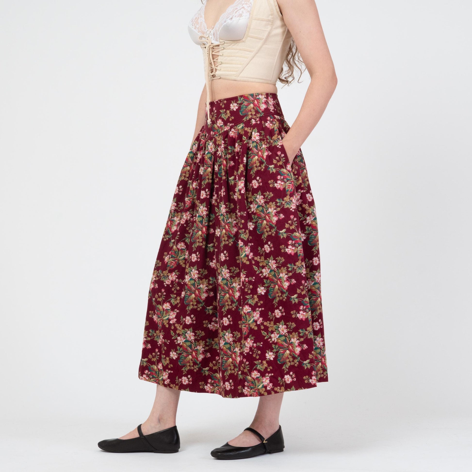Vintage 80s Wine Red Floral Ribbed Cotton Midi Skirt - Small, 27" Waist | Susan Bristol Basque Waist Pocket Skirt
