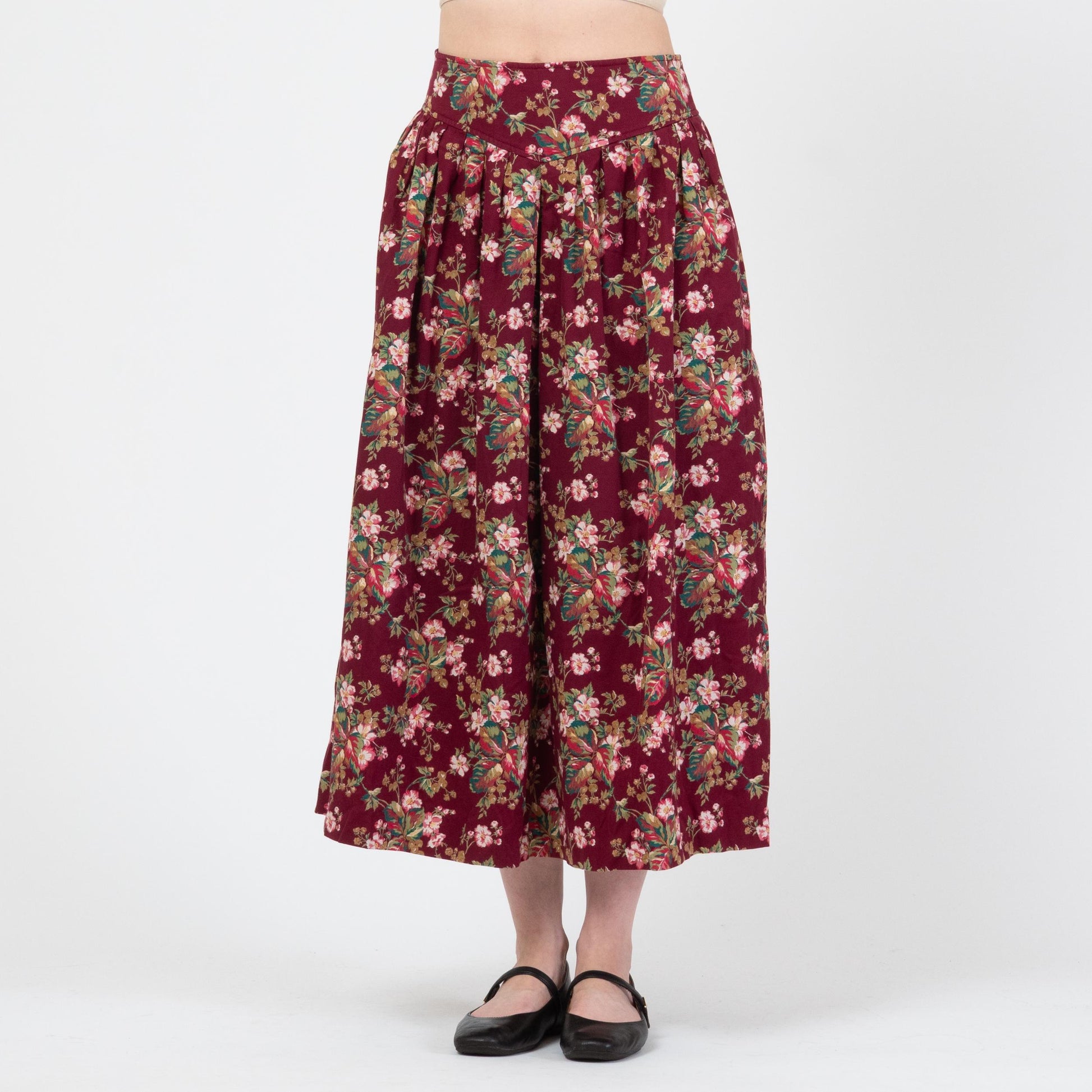 Vintage 80s Wine Red Floral Ribbed Cotton Midi Skirt - Small, 27" Waist | Susan Bristol Basque Waist Pocket Skirt