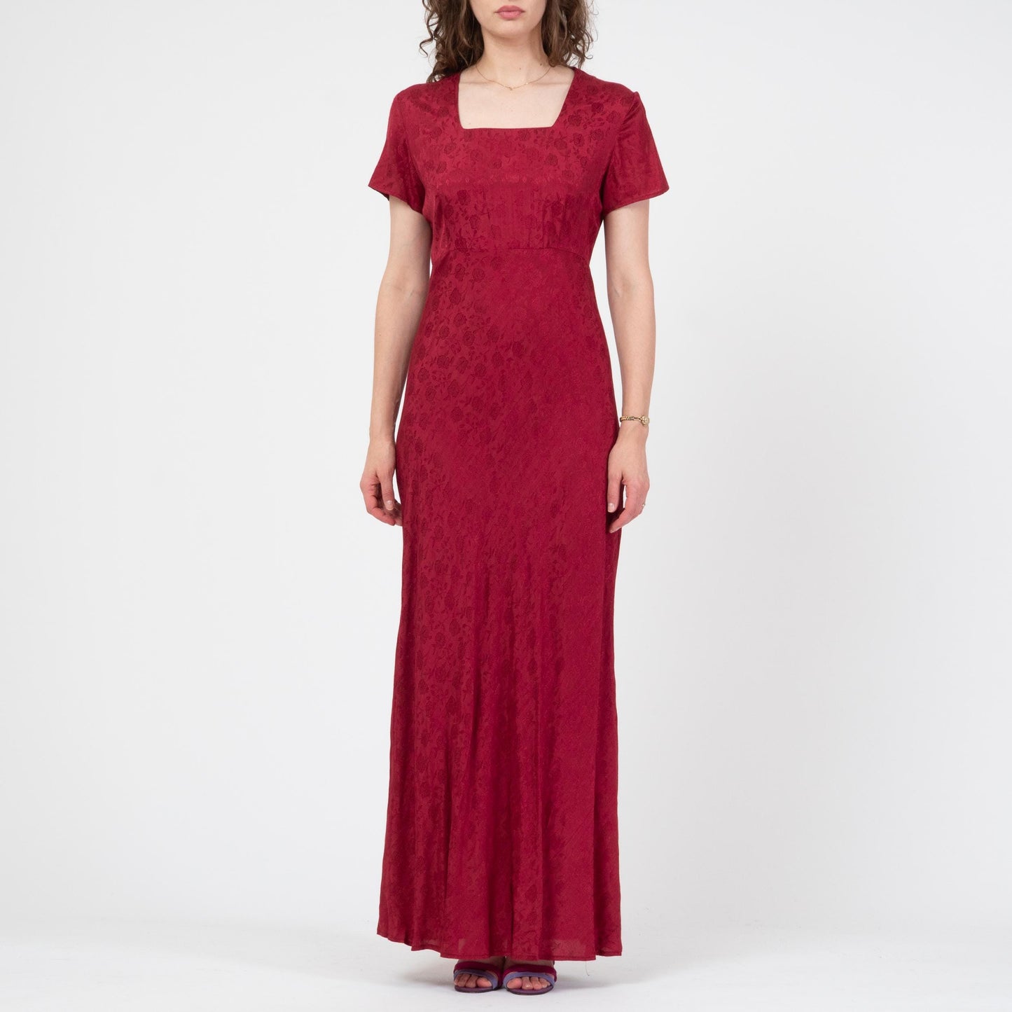 Vintage 90s Red Floral Jacquard Bias Cut Maxi Dress - Medium | Slinky Square Neck Formal Wedding Guest Gown