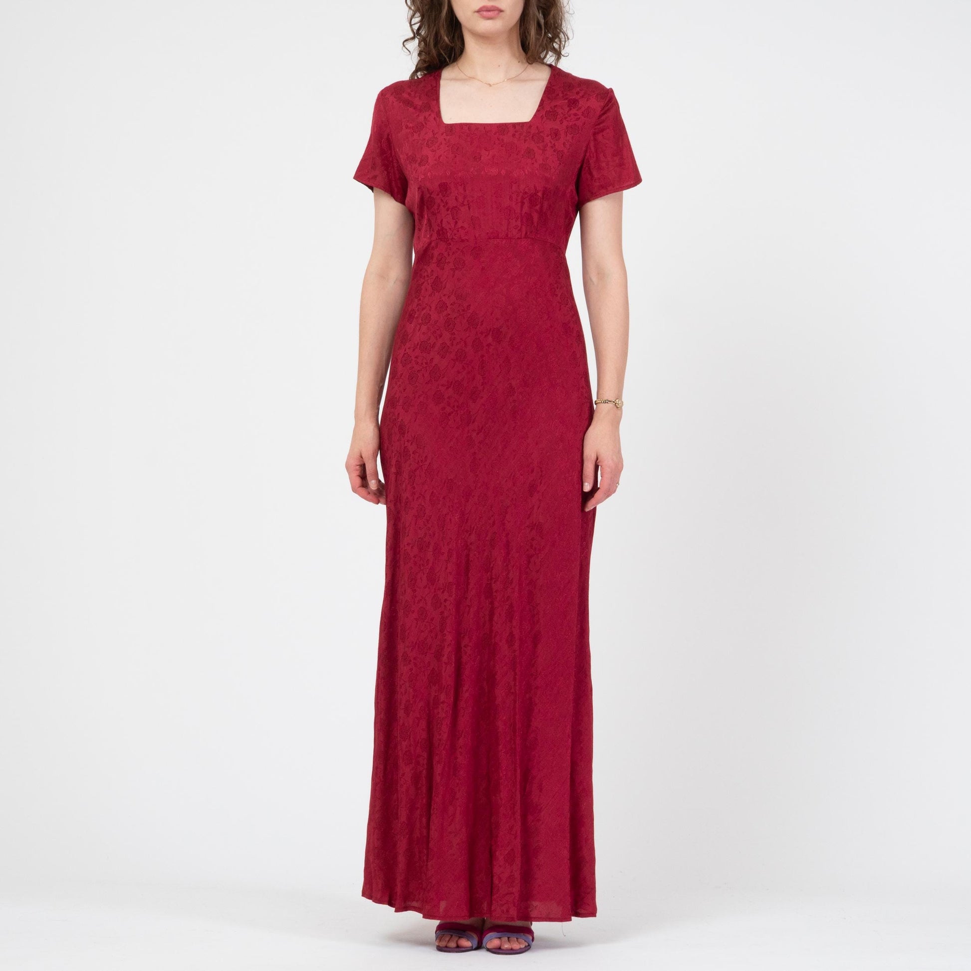 Vintage 90s Red Floral Jacquard Bias Cut Maxi Dress - Medium | Slinky Square Neck Formal Wedding Guest Gown
