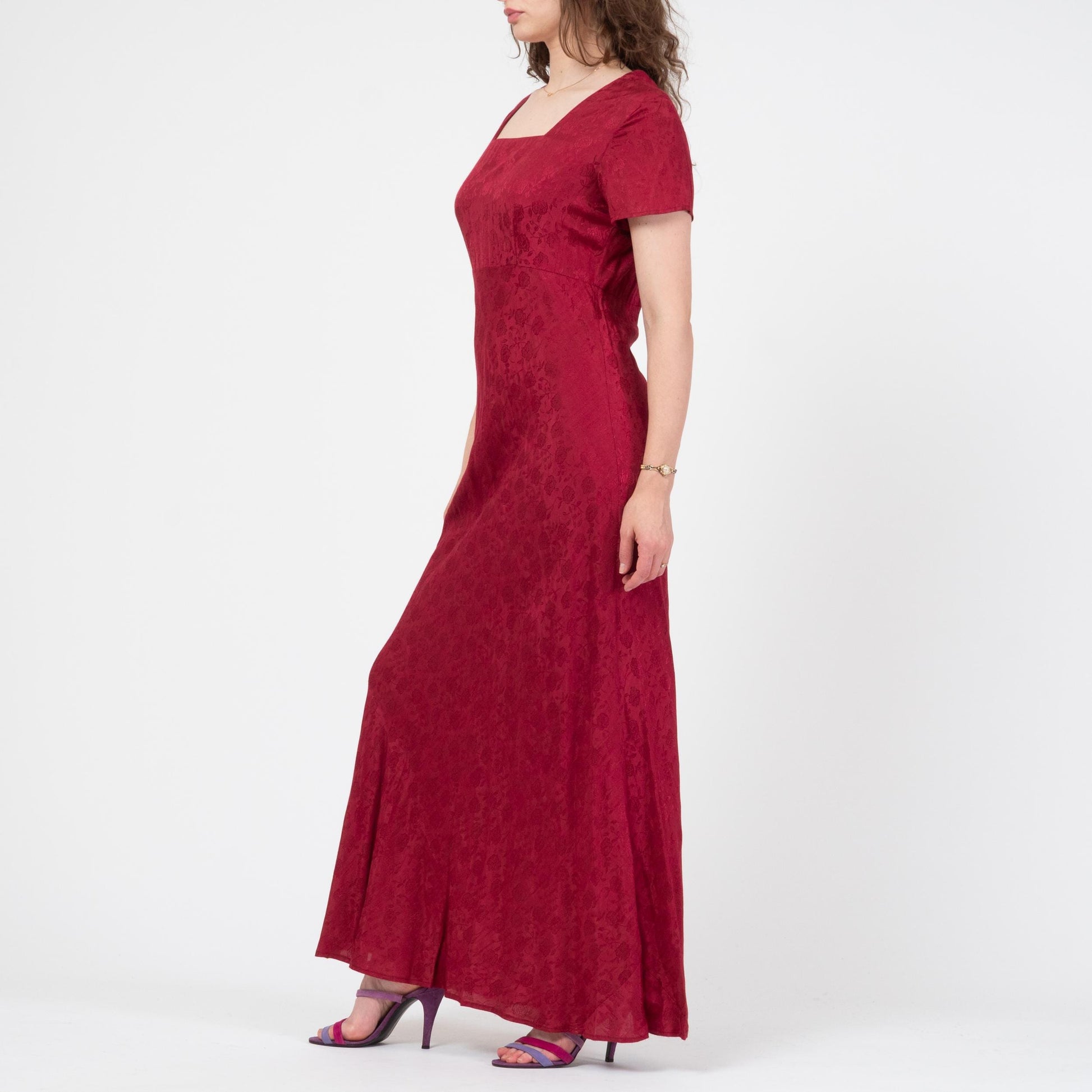 Vintage 90s Red Floral Jacquard Bias Cut Maxi Dress - Medium | Slinky Square Neck Formal Wedding Guest Gown