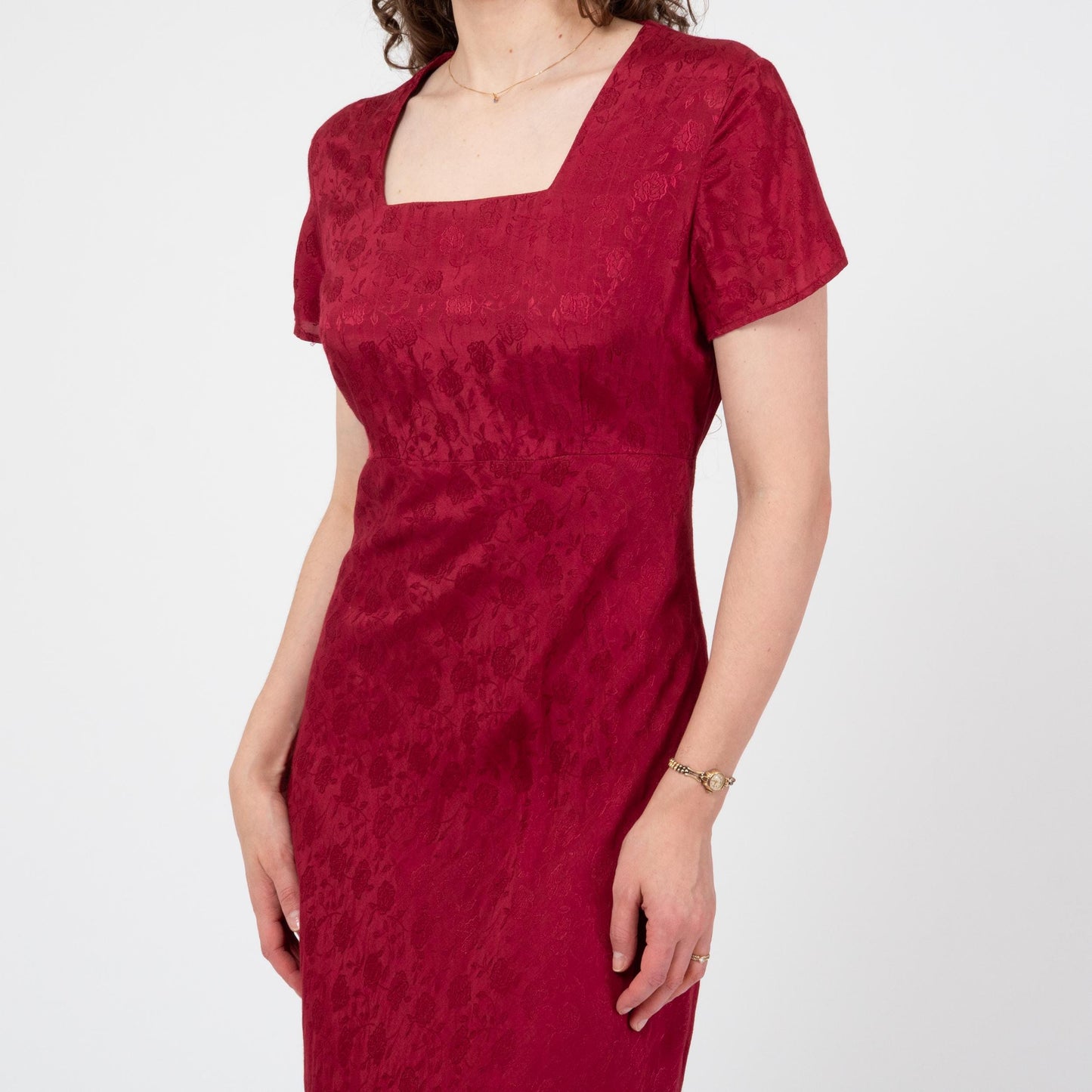 Vintage 90s Red Floral Jacquard Bias Cut Maxi Dress - Medium | Slinky Square Neck Formal Wedding Guest Gown