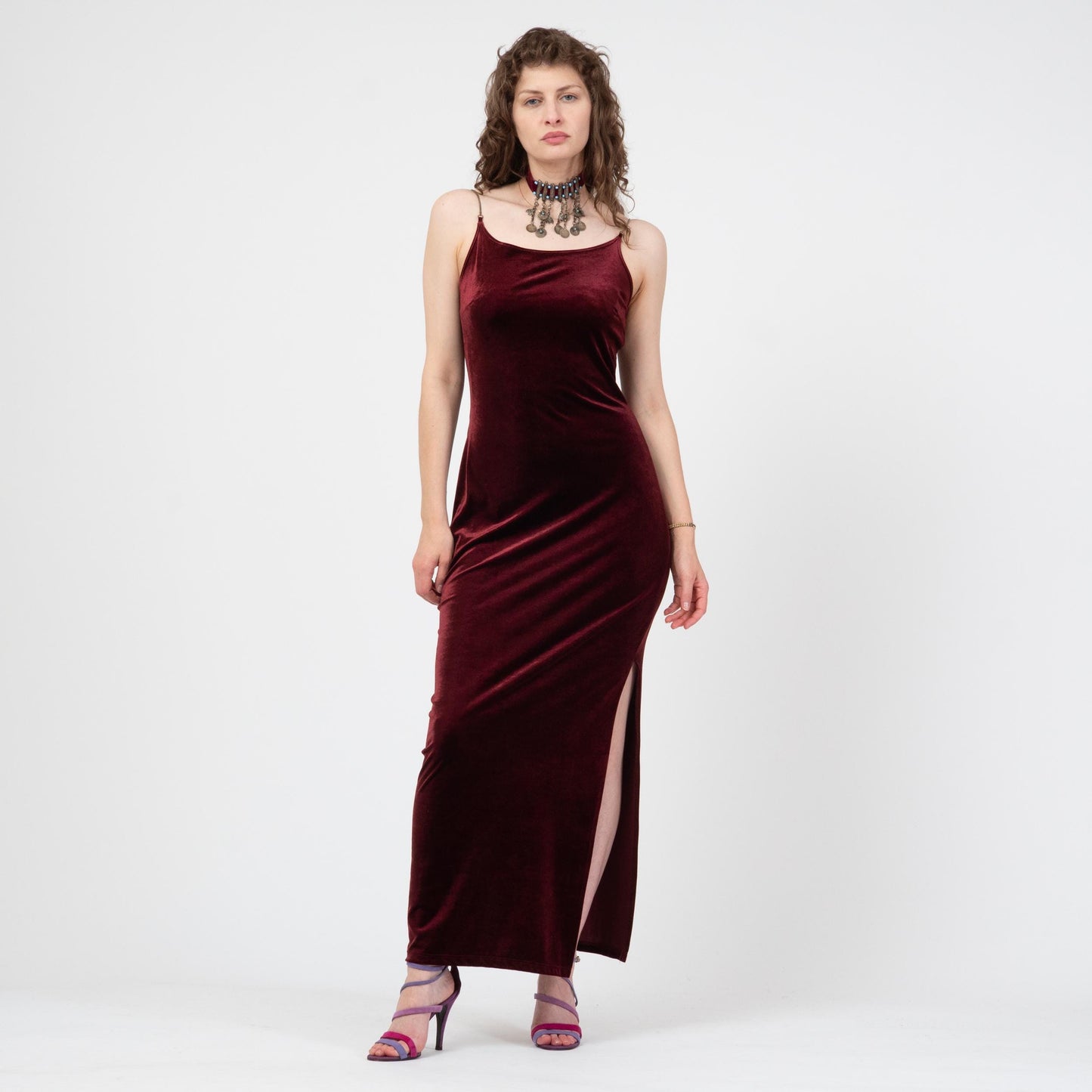 Vintage 90s Oxblood Red Velvet Chain Strap Gown - Medium to Large | Spaghetti Strap Formal Maxi Party Dress