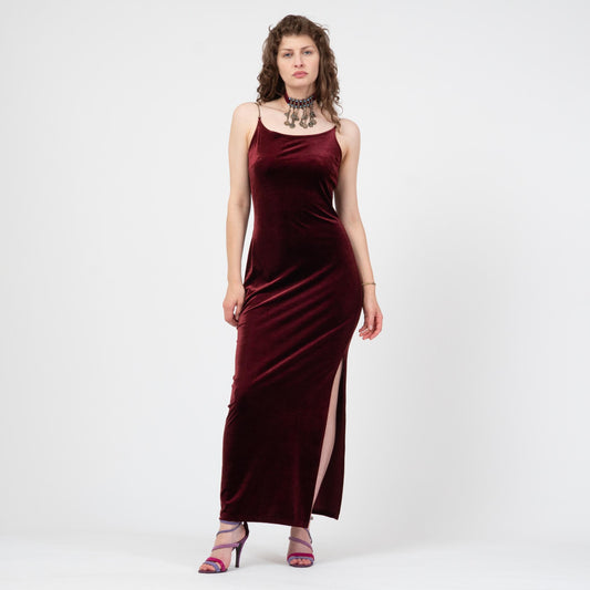 Vintage 90s Oxblood Red Velvet Chain Strap Gown - Medium to Large | Spaghetti Strap Formal Maxi Party Dress