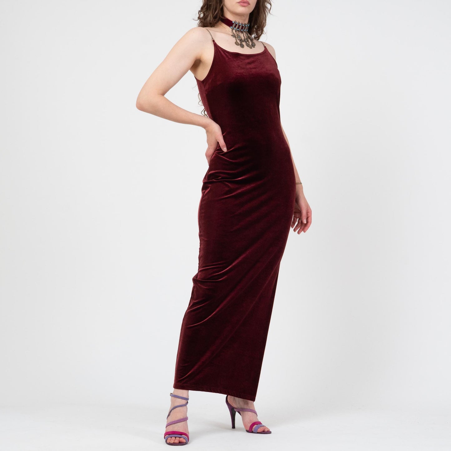 Vintage 90s Oxblood Red Velvet Chain Strap Gown - Medium to Large | Spaghetti Strap Formal Maxi Party Dress