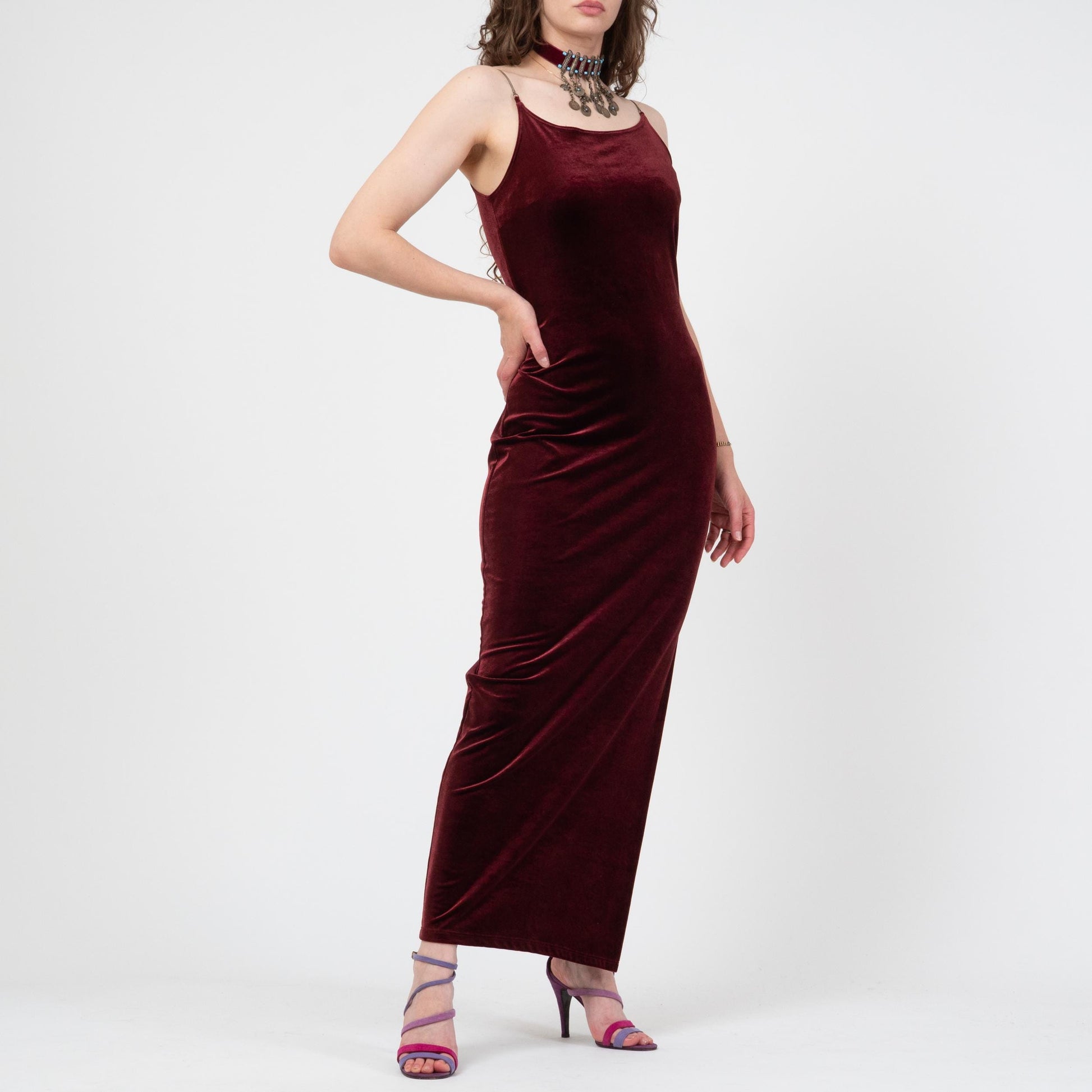 Vintage 90s Oxblood Red Velvet Chain Strap Gown - Medium to Large | Spaghetti Strap Formal Maxi Party Dress