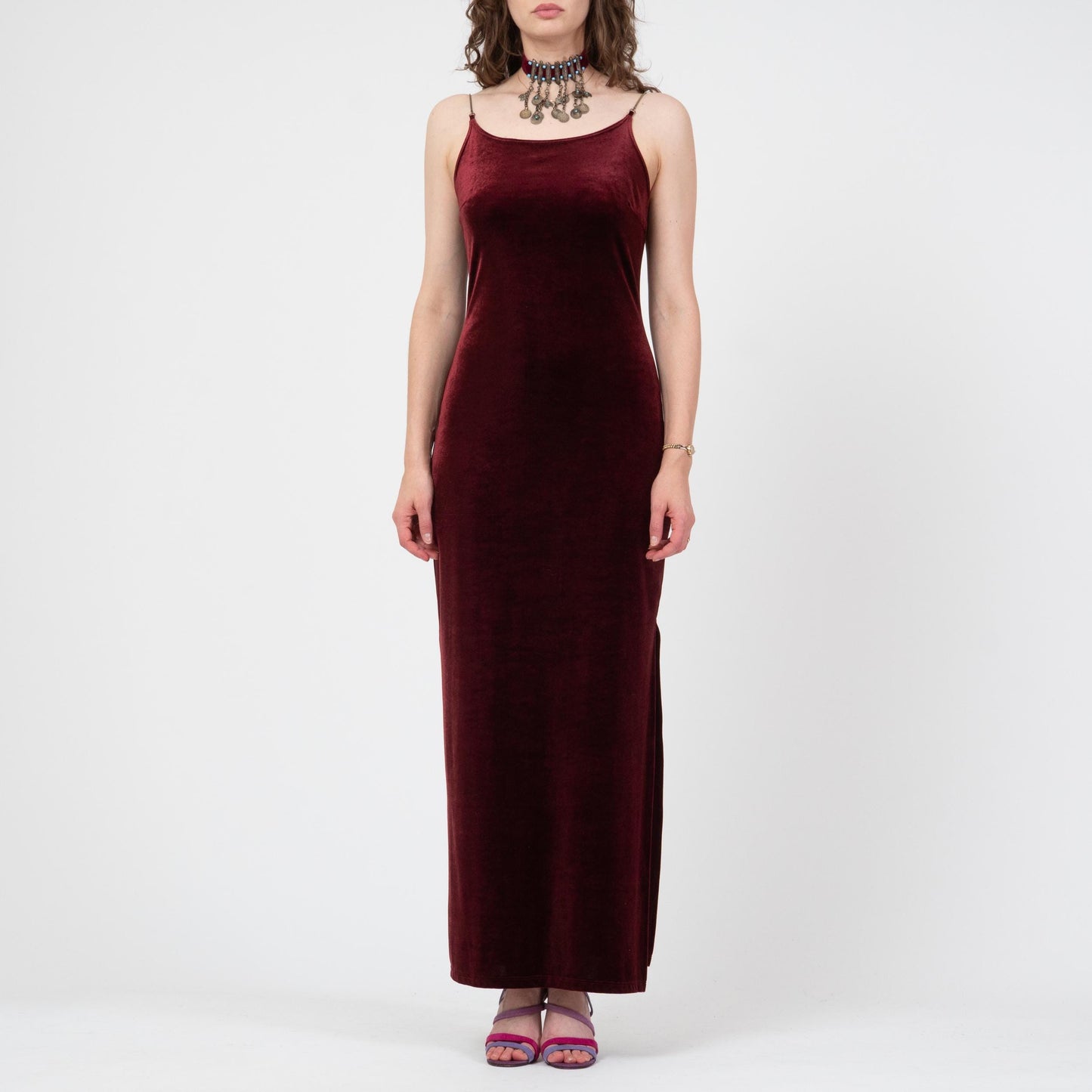 Vintage 90s Oxblood Red Velvet Chain Strap Gown - Medium to Large | Spaghetti Strap Formal Maxi Party Dress