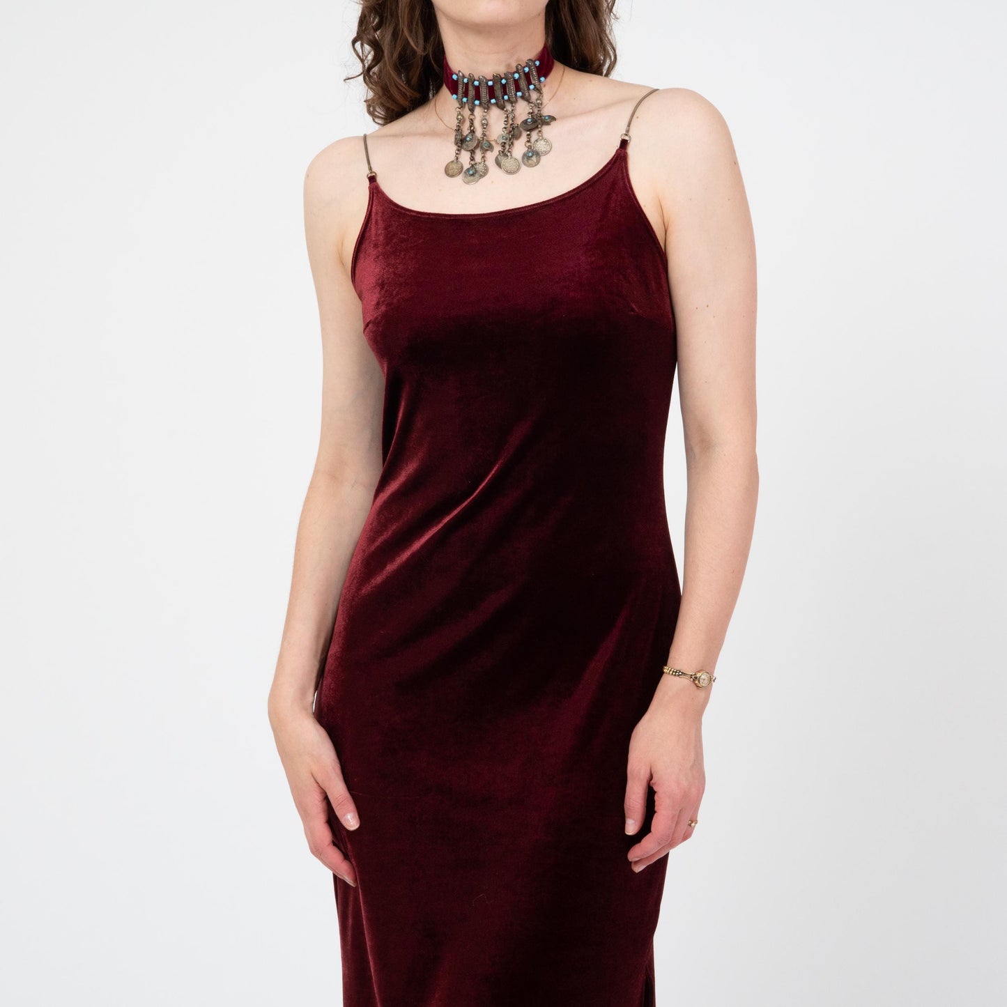 Vintage 90s Oxblood Red Velvet Chain Strap Gown - Medium to Large | Spaghetti Strap Formal Maxi Party Dress