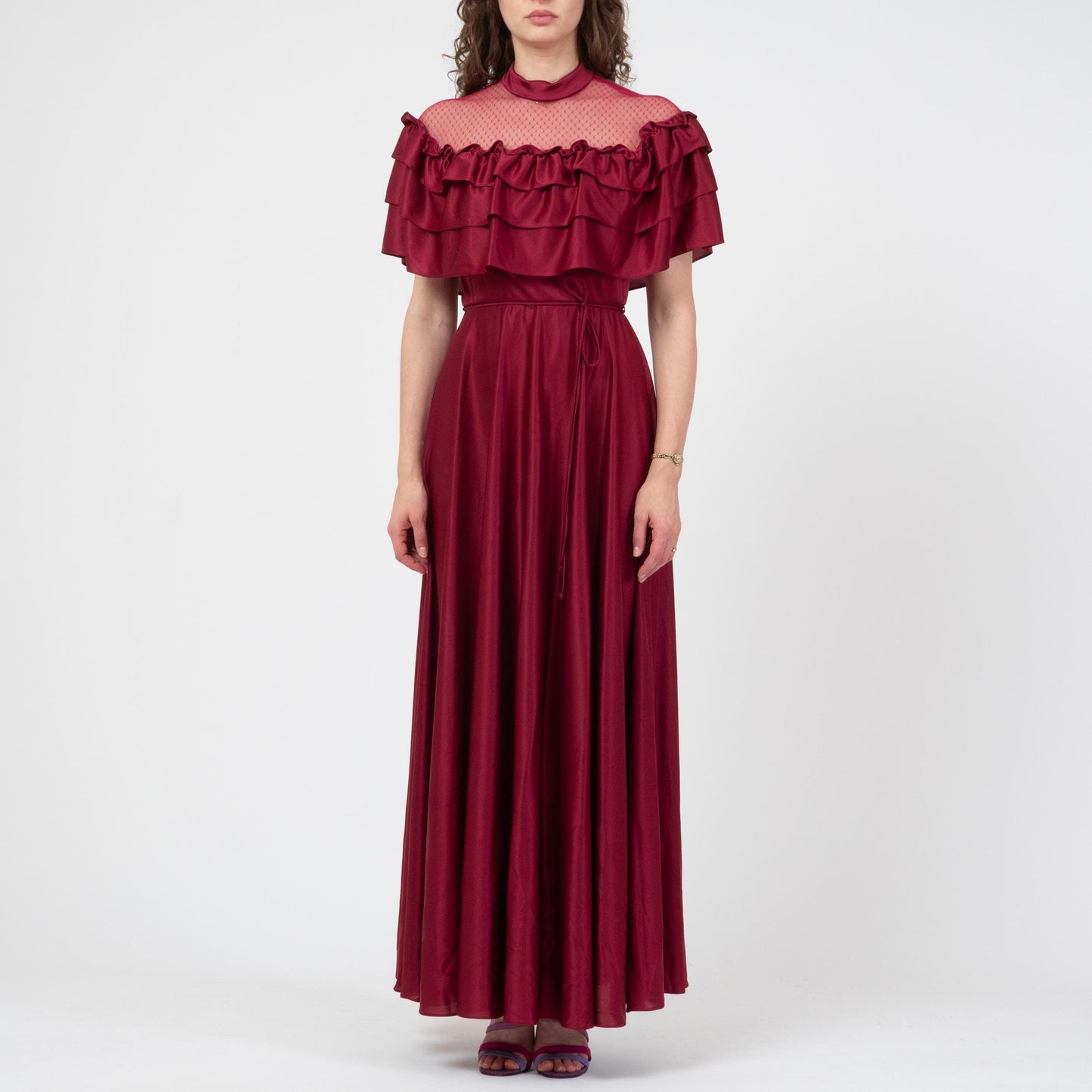 Vintage 70s Does Victorian Wine Red Gown - Small | Sheer Lace Ruffled Bib Formal Maxi Prom Dress