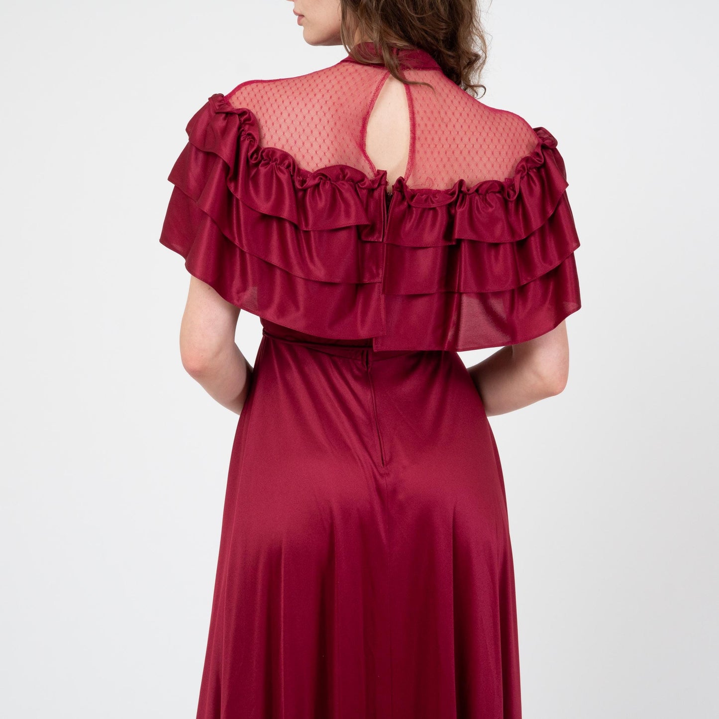 Vintage 70s Does Victorian Wine Red Gown - Small | Sheer Lace Ruffled Bib Formal Maxi Prom Dress